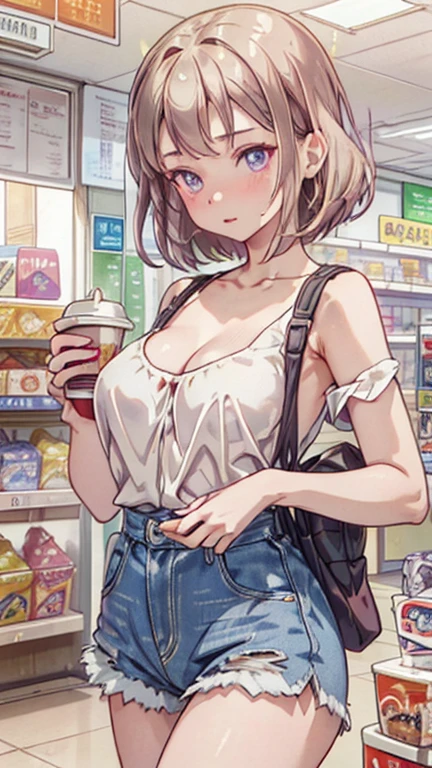 (masterpiece, Best Quality, ultra-detailed, high resolution, extremely detailed CG, official art, Professional Lighting, Perfect Anatomy, anime colors), (from below), looking at viewer, cowboy shot, perfect body, 24yo beautiful 1girl, medium hips, glamorous body,a small face,beautiful-makeup,Makeup light,Shortcut Hair,dark brown hair、Bust b Cup, Amazing Cleavage, thin waist, big ass, Raised sexy, big breast: 1.2 posed cleavage:1.2, (off shoulders,Sportsbra,legginullnude), micro denim shorts, bare legs, nail_polish, pale skin, Waiting friend, (morning:1.5), tokyo, (convenience store:1.3), outdoor, (depth of field:1.3), contrapposto, (Hold a coffee in your hand:1.3),delicate beautiful face, Bright magenta eyes, cute eyes, sparkling eyes, Big eyes, (big breasts:1.3), (perky chest:1.1), (pointed chest:1.3), looking at viewer,