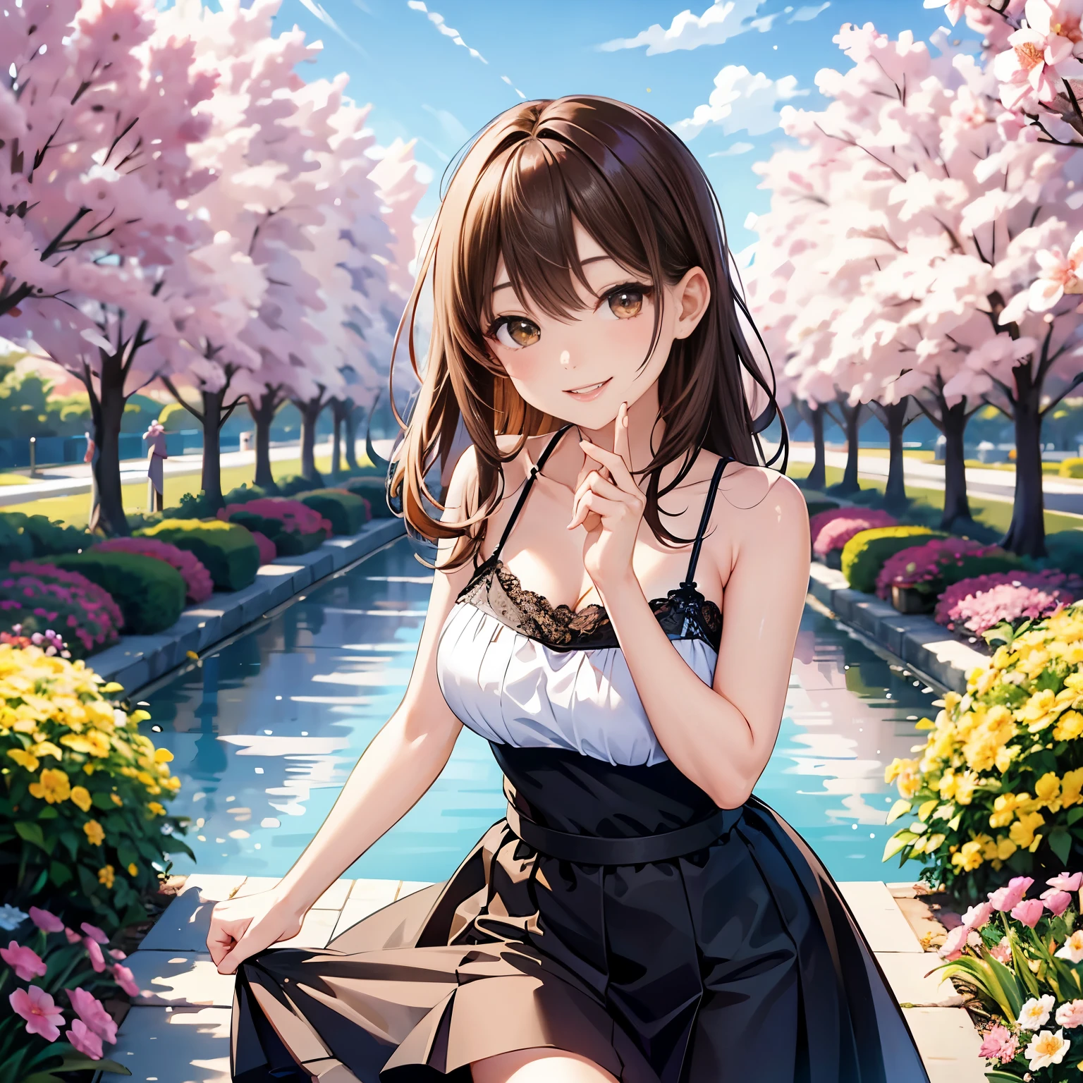 Make an image of a beautiful and pretty woman holding a pink flower, make her look beautiful and pretty and hot, make her chest a bit big, give a good view of the landscape as well, she's wearing a tight shirt and a short skirt, her background landscape is beautiful