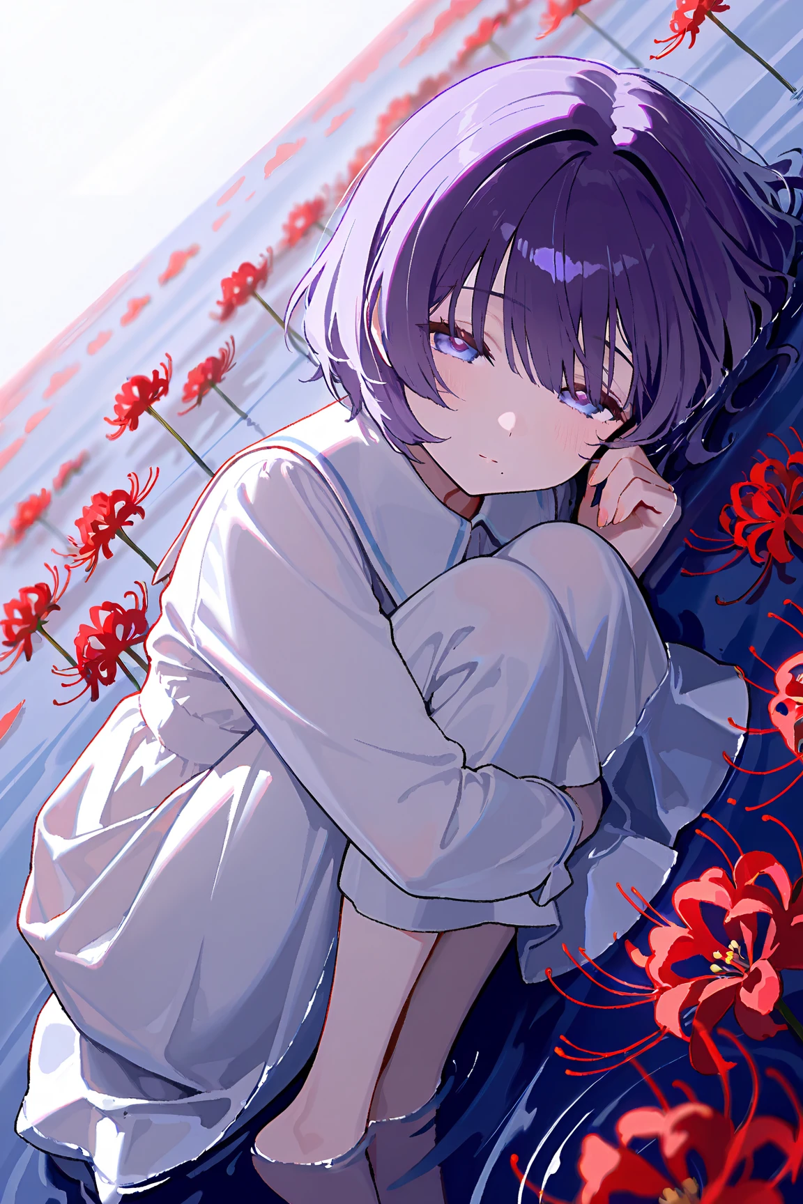 1girl、Scabiosa、Mourning clothes、Red puddle、「Unhappy Love」「I lost everything」、Red tears、empty eyes、tegaki