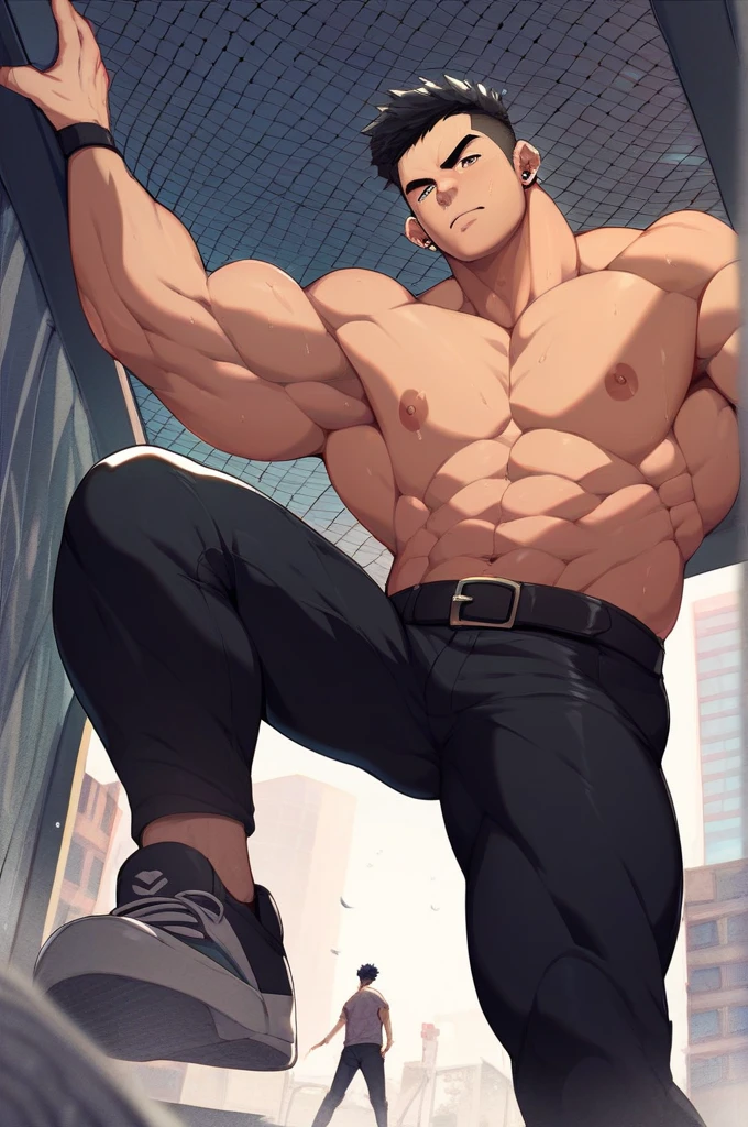 best quality, masterpiece, Extremely detailed, 1 person, Solitary, Mature雄性, Adult male, muscular, only, Macho, Strong, Large target, Studs, Black Hair, black beard, Thick beard, Green Eyes, Bright Eyes,, ((Show your pectoral muscles:1.5)), (Military Western), Looking at the audience, City background, City background,(Thick body hair),(他露出muscular, Hairy legs),(Very prominent crotch),(Very large)Broad shoulders,Muscles protrude a lot,Crotch bulge,(Long legs),Highest image quality,Japanese cartoons ,Anime Wallpaper,Chest muscle expansion,Spread your legs,Sexy,(main part, best quality),((Exaggerated muscle bulge)),Very prominent reproductive organs),(Briefs thongs:1.6),(Crotch bulge呈现条状物:1.4),Tear off clothes ,(The upper body is completely bare:1.5),Full chest muscles,Sagging breasts,Huge nipples,Muscular thighs,Legs close-up(barefoot),(barefoot),Mature,(Long legss covered with long, Thick leg hair),Bigfoot,(whole body),(Long legs hair)muscular!, Giant muscles, muscular bodies, muscular character