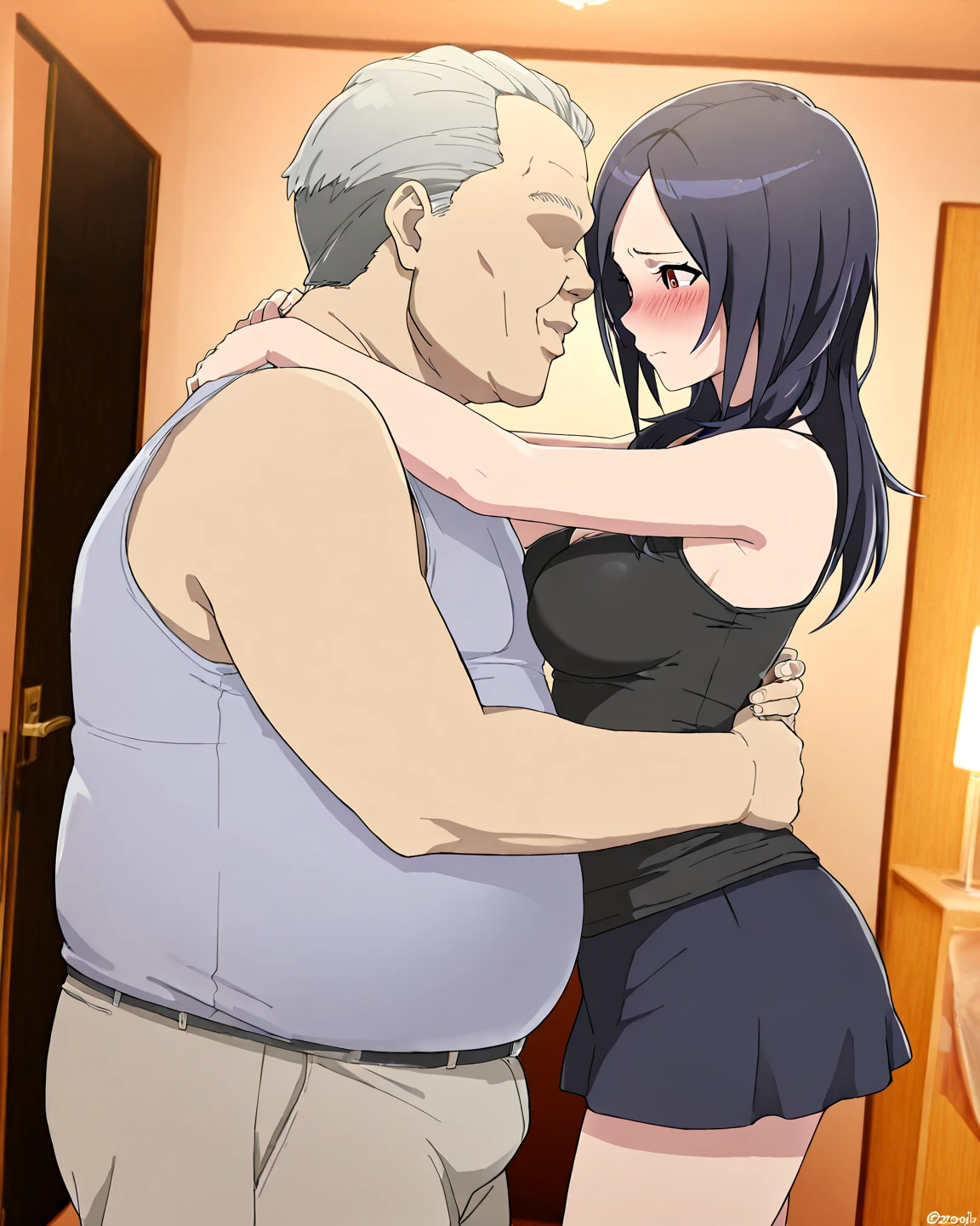 Woman Open Mouth Arms Raised Eye Highlights Detailed Eyes Blush Short Hair, Small breasts,Black Hair, hospital cute embarrassed reluctant high quality nude perfect hands black eyes perfect arms perfect fingers perfect anatomy old man touching her breasts from behind