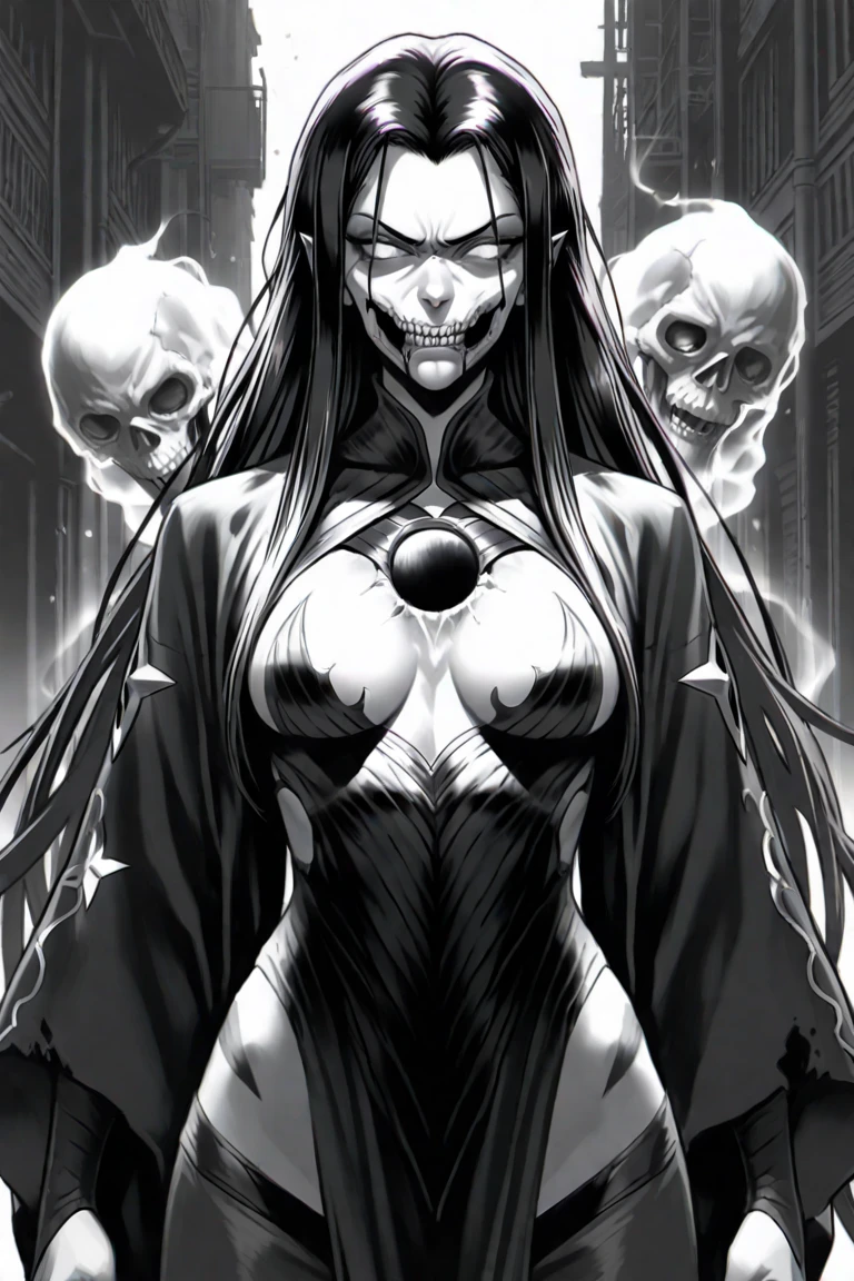 mixed_artwork style, neckleace, sweaty, 1 girl, standing alone, hands, Beautiful woman, ((best qualityer)), ((work of art)), (detailded: 1.4), Beautiful woman, short black open shirt, skirt short, black hair gray highlights, double tail bangs, Black rose, skull, neckleace, sweaty, wide square, defined body, Body shine, sarcastic smile, tenebrosa, black lipstick, inking, (standing alone), realisitic,((work of art)), (best qualityer), (detailded), (1 girl), breasts big, sensuous, thick, Arms back 