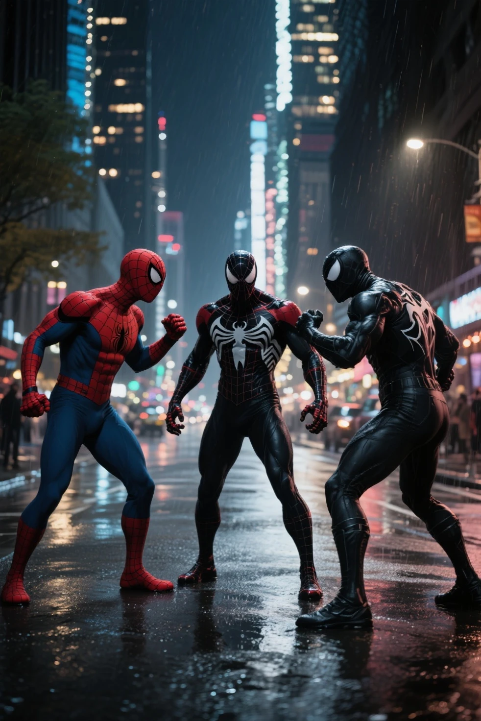 In a shimmering twilight over New York, Spider-Man finds himself in an unusual impasse: facing not only a new villain, but also his own twisted reflection, a corrupted version of himself, created from a remnant of the symbiote that once dominated him., Retro comic style artwork, perfect composition,hyperrealistic,super detailed,high quality,sharp focus,studio photo,intricate details,highly detailed