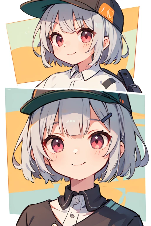  Silver Haired Short Bob,8k,masterpiece,best quality,HD,DETAILED,Single Portrait、girl、smile、impression、(Oil)、Green and orange tones、Short silver bob hair  with a hair clip、Pink Eyes,baseball cap, 