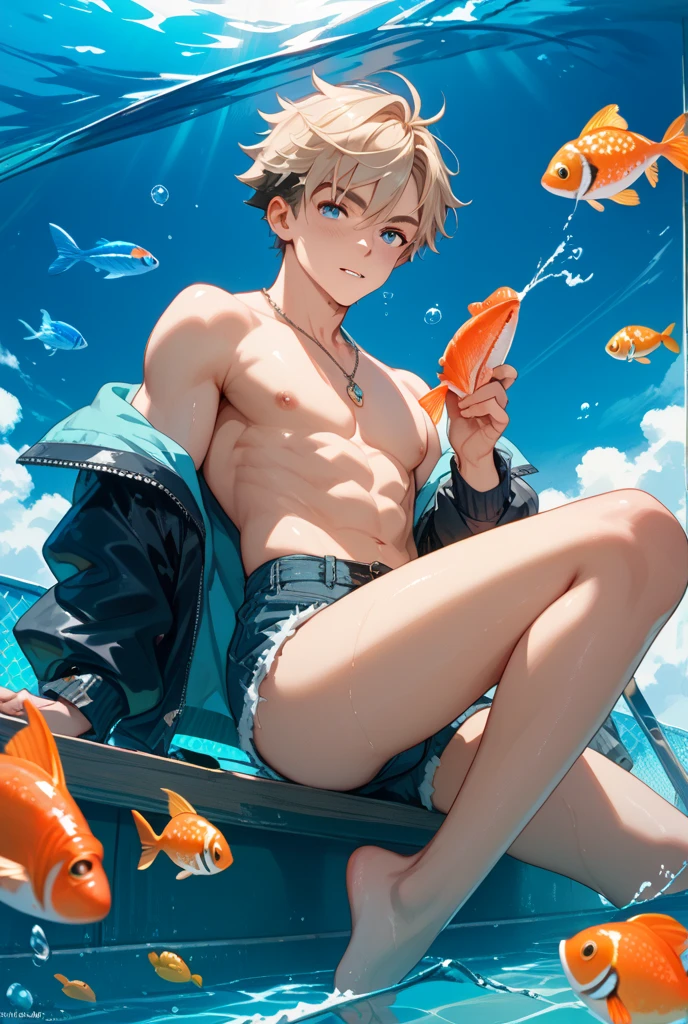 (hyper-realistic digital illustration), hires, best quality, small thong, full mast, bulge, underwater world, wide angle, swimming, athletic body, male, iridescent skin, flat chest, perfect eyes, messy green hair ,  bio-luminescent
