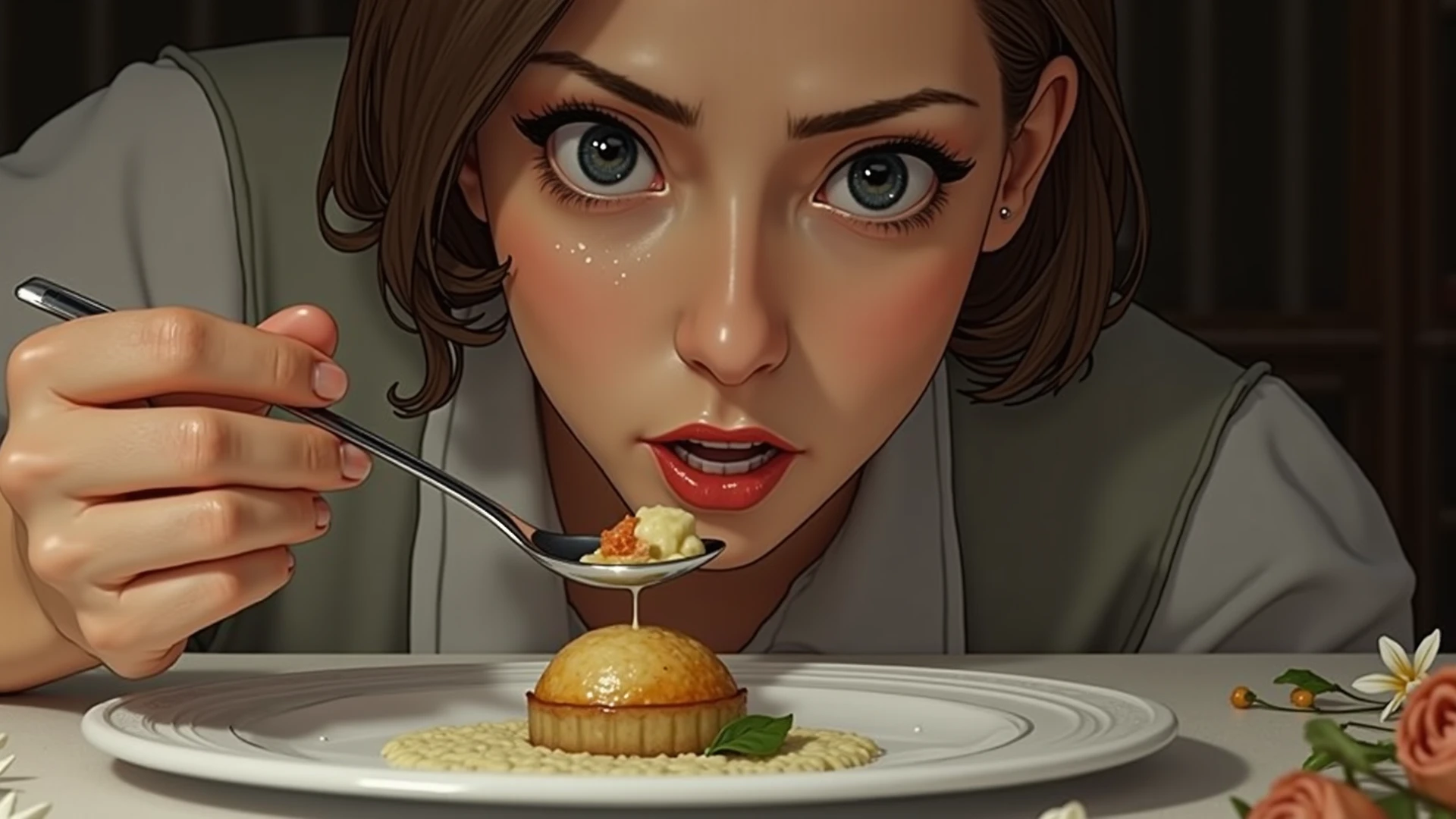 A captivating, anime-style illustration of a stunning young woman with an elegant bust and hourglass figure, dressed in a short, tight minidress. (big breasts, transparent clothing, visible nipples:1.3). Her hair cascades in soft waves past her shoulders, framing her captivating eyes. She seductively holds a baguette, her gaze inviting the viewer into her Parisian fantasy. Captured in a waist-up view, the image is rendered in photorealistic detail, perfectly showcasing the woman's beauty and allure.