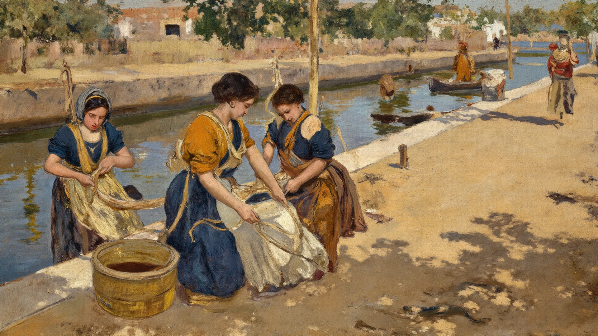 Painting of two women washing laundry in a wooden tub, Eugène de Blaas, Antonio Cisieri, Antonio Galli Bibiena, William Godward, Philippe de Laszlo, Gregorio Lazzarini, Carlo Mense, Charles Sillem Lidderdale, Carlo Galli Bibiena, Eugène Brandes
