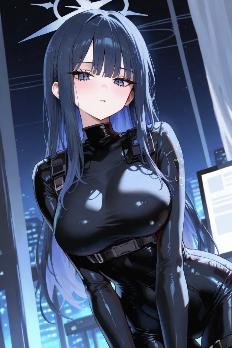 masterpiece, best quality, highres, lize helesta, blue hair, blunt bangs, colored inner hair, hair flaps, hair ornament, long hair, multicolored hair, (huge breast:1.2), (purple eyes:1.2), sidelocks, two-tone hair, white hair, latex suit, black bodysuit, standing, crossed legs, salute, hand on hip, nightclub, from above