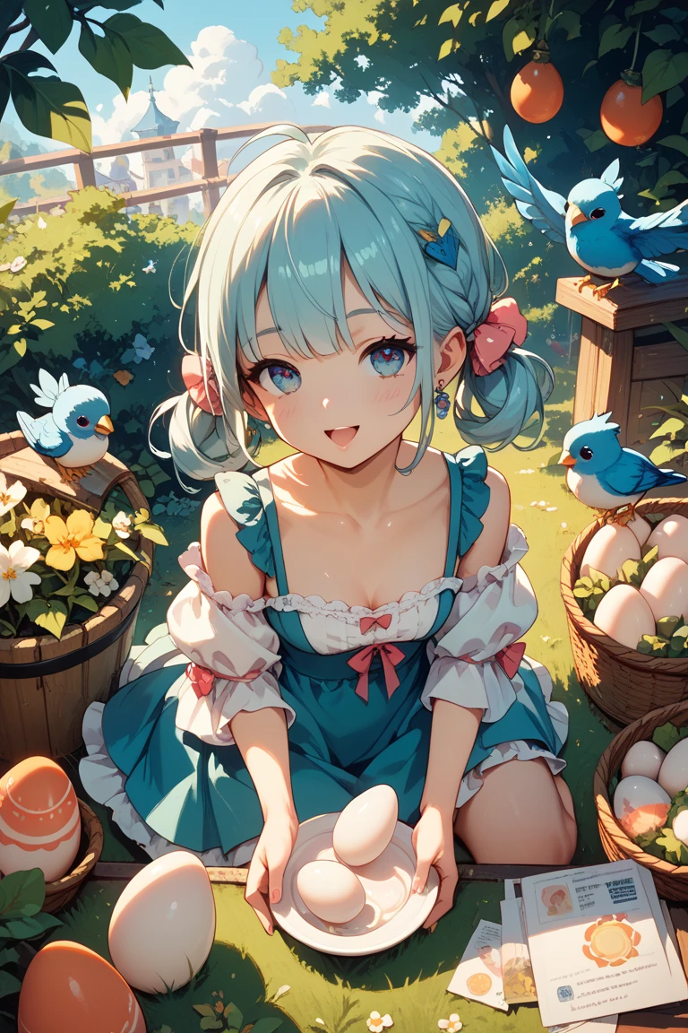 (masutepiece:1.3), (Best Quality:1.3), High resolution, Couboy Shot, Leaning forward, body facing forward, (One Cute Girl:1.3), Solo, White skin, tiny chest, eight-headed person, Light blue hair, (bobhair:1.2), (Short hair:1.2), (Blunt bangs:1.2), Beautiful hair, Blue eyes, Beautiful detailed eyes, blush, Open mouth, heart mark, Cheerful smile, one piece dress, frilld, earrings, Outdoors, Natural park, a bird, (chicken:1.3), Shadow Lighting,