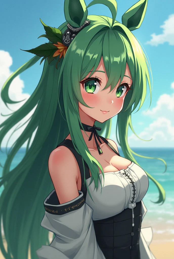 NSFW,Long Hair、Green Eyes、bangs、Pointed Ears、hair ornaments、White Hair、Symbol-shaped pupil、Multicolored Hair、Side Ponytail、Gradient Hair、Green Hair、Hair between the eyes、Cross-shaped pupil、smile、gem、葉っぱのhair ornaments、bracelet,bikini,(Perfect hands),(Perfect Anatomy),(masterpiece),(highest quality),(Embarrassed:1.5),blush,Shy laugh,beach,Palm tree,Rock Shade