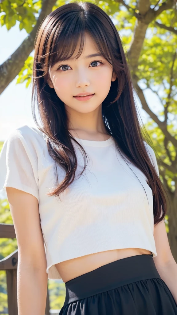 (RAW Photos, highest quality), (Realistic, Photorealistic:1.3), Tabletop, Very delicate and beautiful, Soft Light, (Brown Hair, Long wavy hair swaying in the wind, Asymmetrical bangs), Beautiful detailed girl, (Detailed fingers), Highly detailed eyes and face, Beautifully detailed nose, Beautiful fine details, 1 girl, Japanese, Pure beauty, cute, young, smile, Silk collar shirt, skirt, (Half Body:1.3), (Large breasts that cannot be hidden even with clothes、Sagging breasts that are obvious even when wearing clothes), The front of the shirt is open、You can see a little bit of your chest、Realistic face, Realistic body, Outdoor