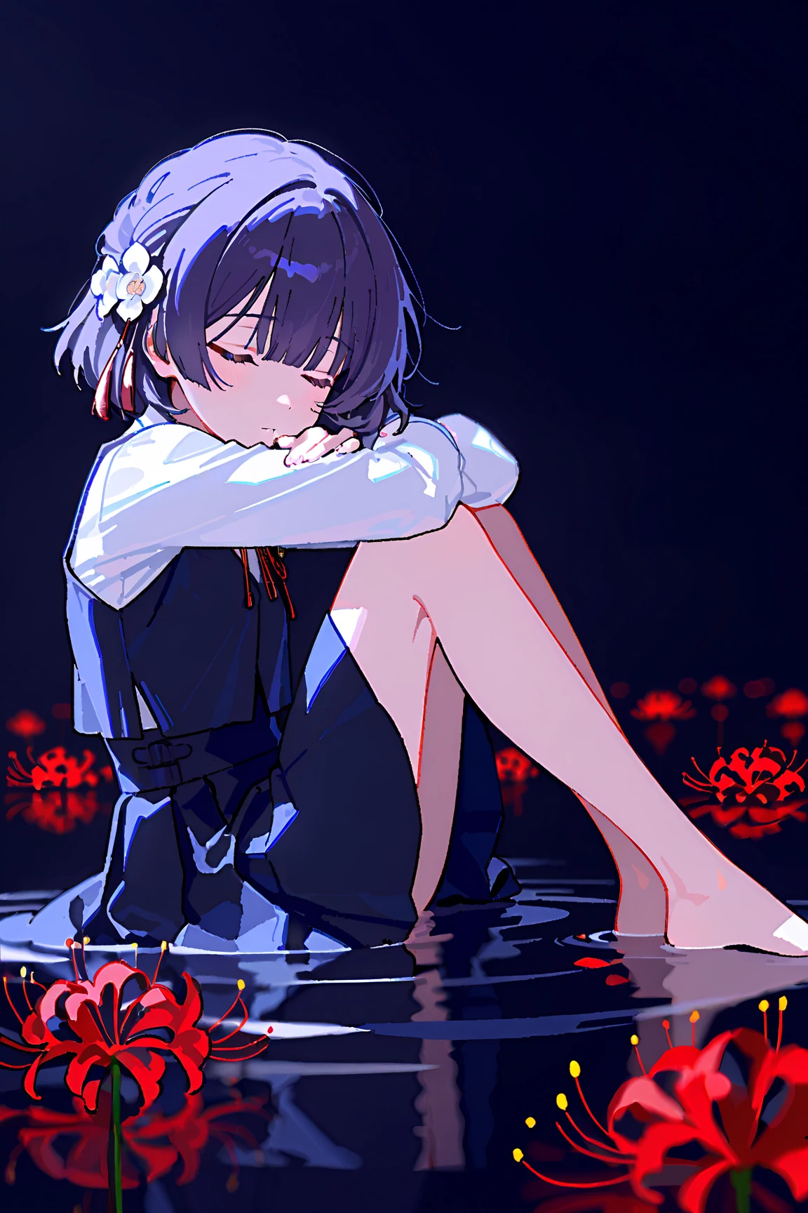 masterpiece, fine detail, 4k, 8k, 12k, solo, 1 person, beautiful girl, white female, upper body, Miyako Yoshika, gym sitting, graveyard, cherry blossom, willow