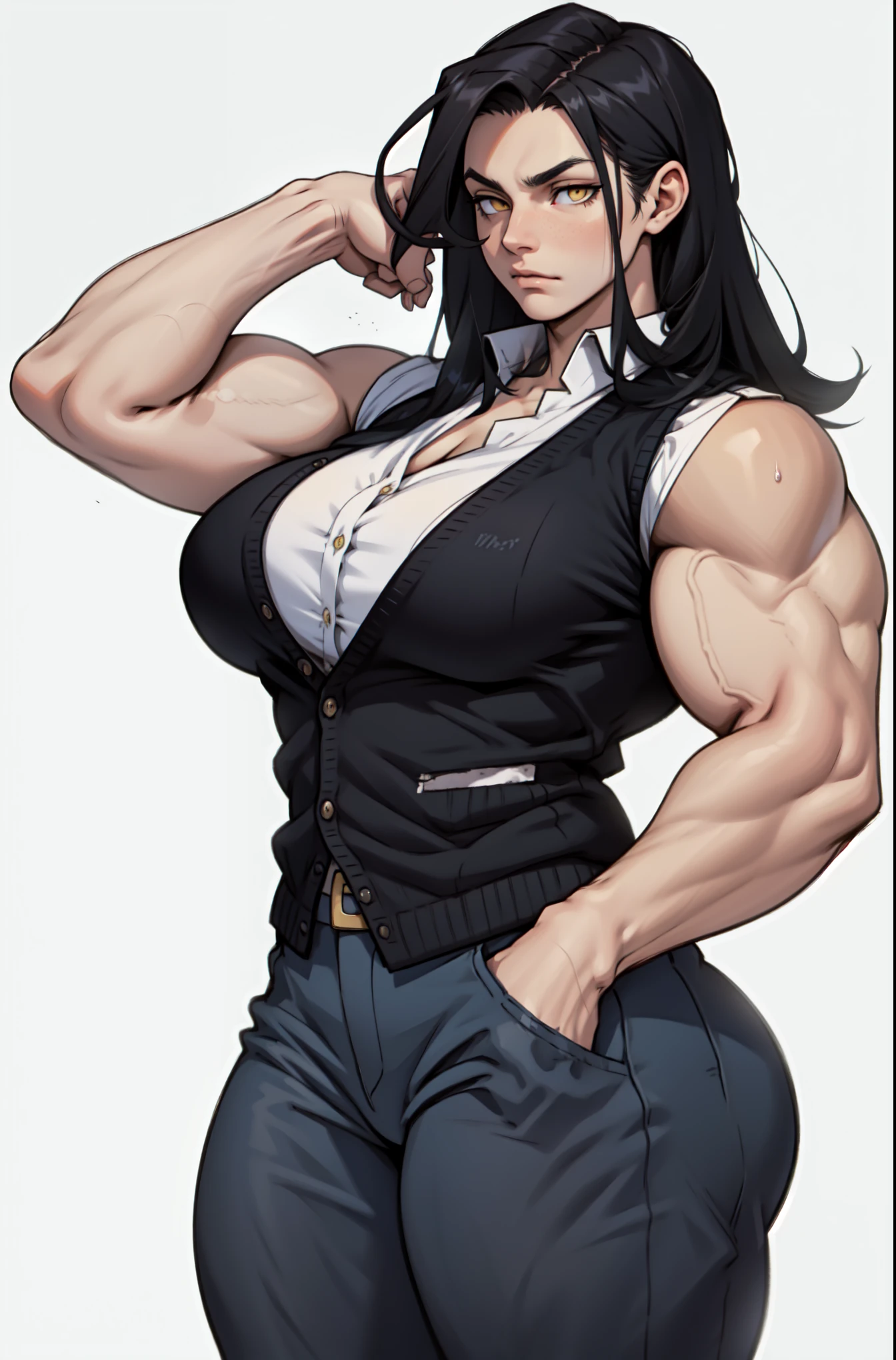 best quality,girl, biceps, muscular ,alternate muscle size,,muscular thighs,office lady ,pecs,black hair, worried, abs, thick arms,, broad shoulders, torn clothes,office,