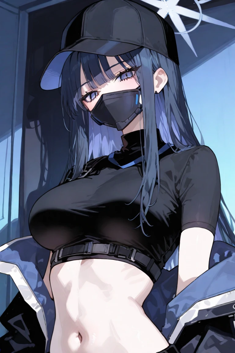 saorijoumae, <lora:saorijoumae-lora-nochekaiser:1>,
saori joumae, blue eyes, blue hair, halo, long hair, mask, mouth mask,
BREAK bare arms, bare shoulders, belt, black headwear, black pants, black shirt, blue gloves, crop top, gloves, leggings, midriff, navel, pants, shirt, sleeveless, sleeveless shirt,
BREAK looking at viewer,
BREAK indoors,
BREAK <lyco:GoodHands-beta2:1>, (masterpiece:1.2), best quality, high resolution, unity 8k wallpaper, (illustration:0.8), (beautiful detailed eyes:1.6), extremely detailed face, perfect lighting, extremely detailed CG, (perfect hands, perfect anatomy),