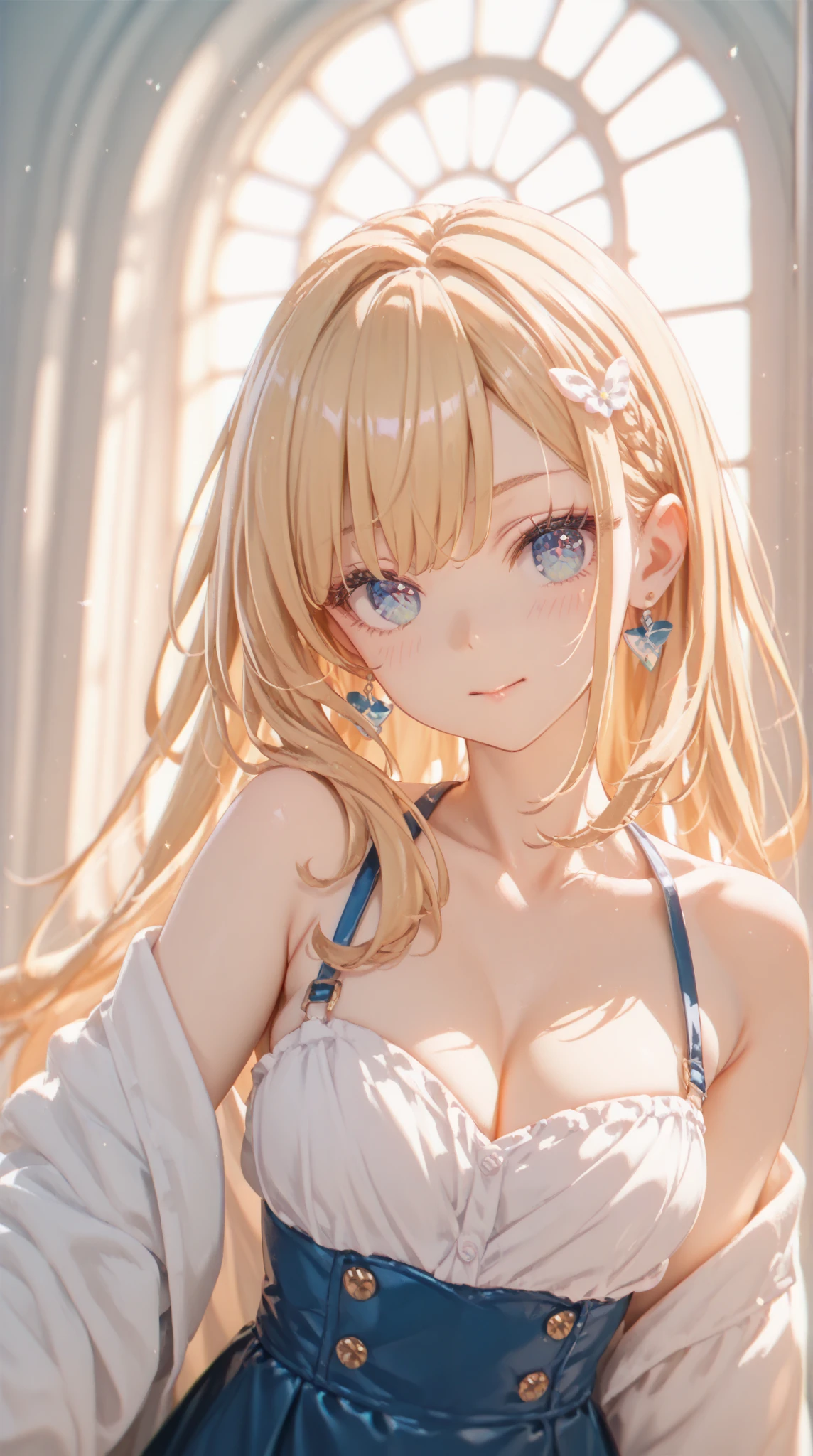 (masterpiece:1.2), (highest quality:1.2),, Curvy but slender body, perfect eyes, perfect face, perfect lighting, 1 girl, in the garden, (blouse),(Lady),(noble),(whole bodyのショット),(ponytail),(カメラアングルwhole body),curly hair, fine clothes, detailed outdoor background, compensate, eye shadow, thick eyelashes, fantasy, looking at the viewer, whole body、blue sky、Bright and very beautiful face、young shiny glossy white shiny skin、the best beauty、the most beautiful bright blonde hair in the world、thin hair、long hair、Shining beautiful bangs、big shining blue eyes、Very beautiful and lovely 18 years old, the most beautiful girl in the world、small breasts