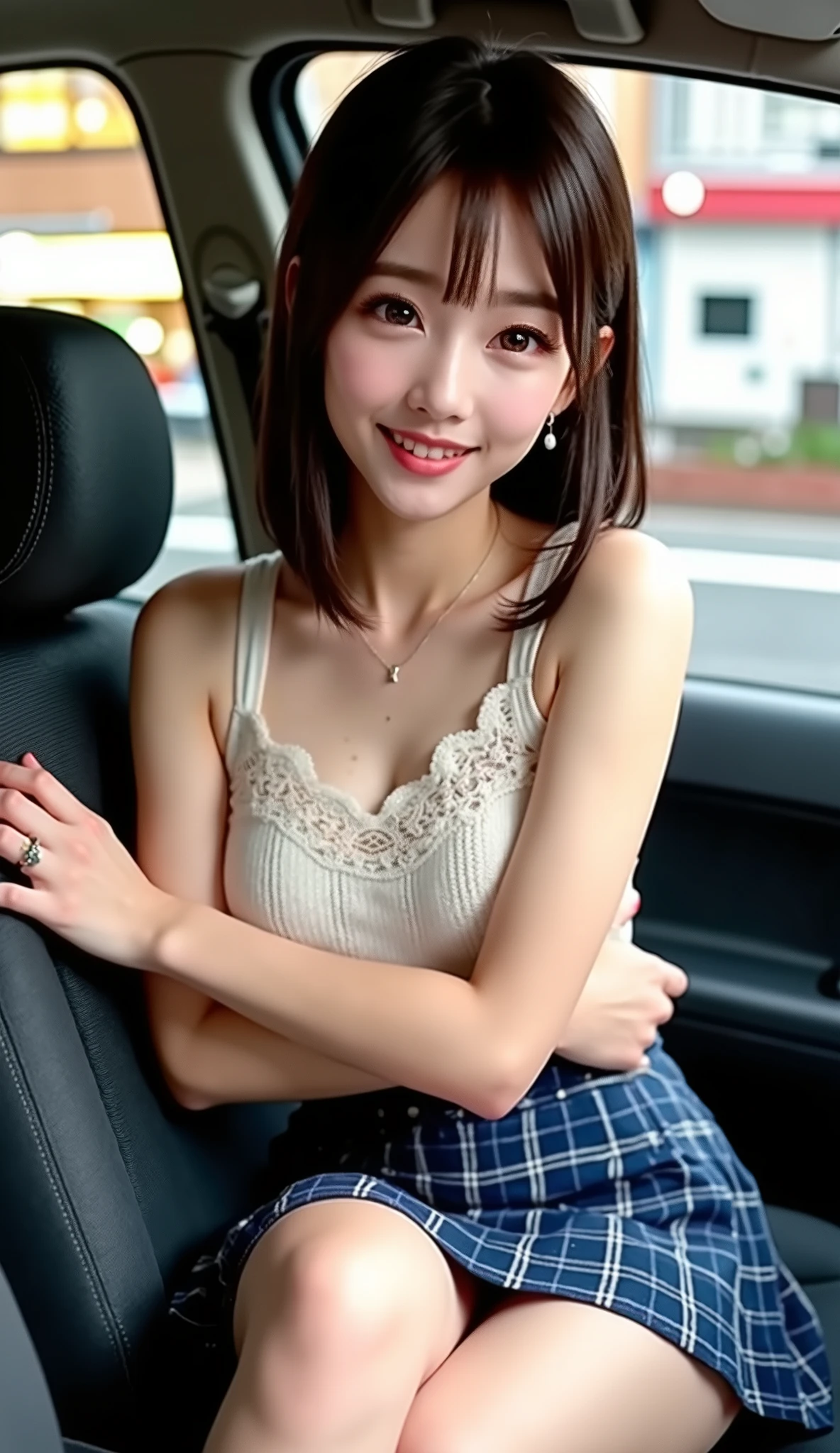 ((Draw the upper body:1.ung Japanese woman sitting in the passenger seat、((dating))、(A petite young Japanese woman sitting in the passenger seat of a Japanese passenger car)、Wearing a seat belt、(shot from the right side of a woman:1.4)、The driver's seat is on the right side、The passenger seat is on the left side、(Not drawing a steering wheel:1.45)、(Cityscape outside the window)、Night view and streetlight、(woman looks at the driver from the passenger seat with her face turned to the right)、smile、walking in the same direction talking happily、 white teeth visible、blur background、((White Sleeveless Knitted Sweater with Lace Ruffles))、(Blue Plaid Flared Mini Skirt)、beautiful thick thighs、White sneakers、Simple Necklaces、Simple Ring、Simple Earrings、white skin、beautiful dark hair、straight long hair、light makeup、(Dynamic Pose:1.4)、(Beautiful and huge breasts)、Precisely depict the hands and feet、 RAW photos 、16K、reality、professional photography techniques、Ultra HD、16K、real photo
