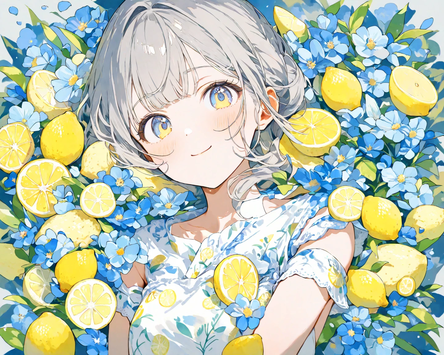 ((Masterpiece)), ((top quality)), very detailed, animated style illustration, kitchen, 1girl, cute girl, solo, upper body, upper body focus, in the middle, white sundress, (beautiful eyes), beautiful black hair, short hair, flower hair ornament, blue eyes, slim, slender, (holding a lemon:1.3), (smile:1.2), Lemon Background, Splash of Lemon Juice. A soft and gentle anime illustration with pastel colors, featuring a with short black hair adorned with a small flower hair ornament and blue eyes. The artwork should have a fluffy and delicate style, capturing the youth and innocence of the girl. The pastel color scheme adds to the gentle and serene atmosphere of the illustration, emphasizing the girl's youthful and innocent appearance.