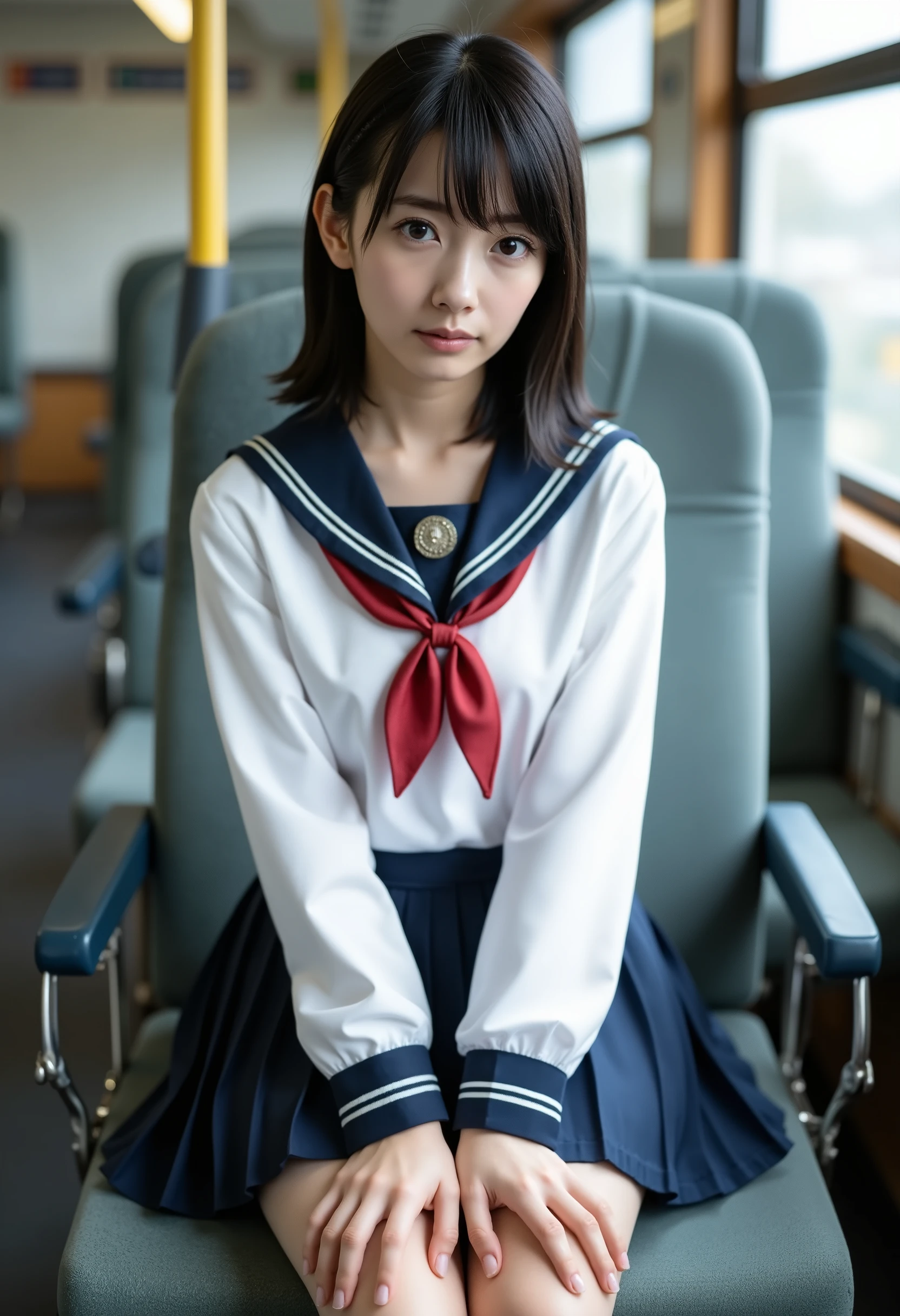 score_9,score_8_ up,score_7_ up, Ultra Details, absolute resolution, 32K,masterpiece, Highest Quality , Super High Definition, cowboy shot, beautiful Japanese girl, black hair, medium bob hair, (Short-sleeved sailor suit worn by Japanese high school girls:1.2), (navy blue micro mini pleated skirt sitting on a train chair with legs open: 1.2), (front: 1.1), medium size breasts , perfect hand in h, perfect anatomy, Venus Rift, Thin thighs, Sitting on a train chair