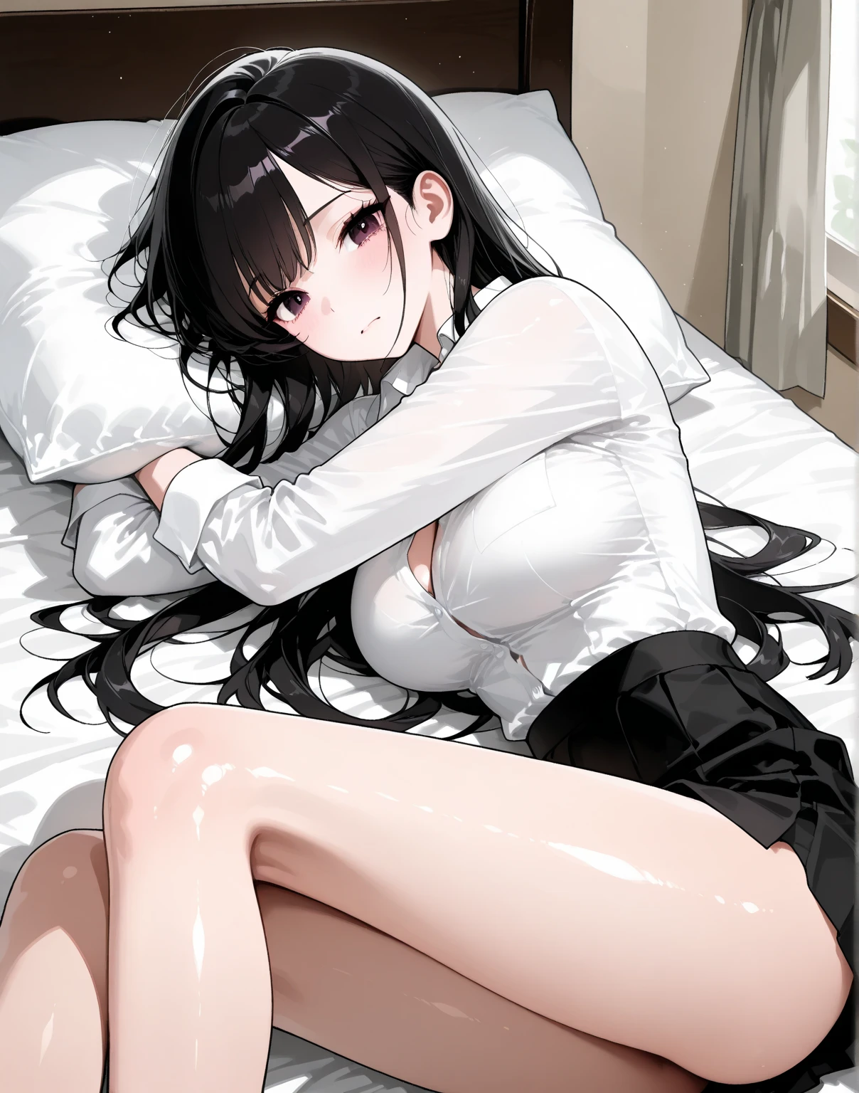 (8K, RAW photo, best quality, masterpiece:1.2),1 girl,only,Female Madura,long hair,black hair, old,neckline,white shirt,pencil skirt,black pantyhose,looking at the viewer、blush, drunk、crawl on all fours、night view、bed