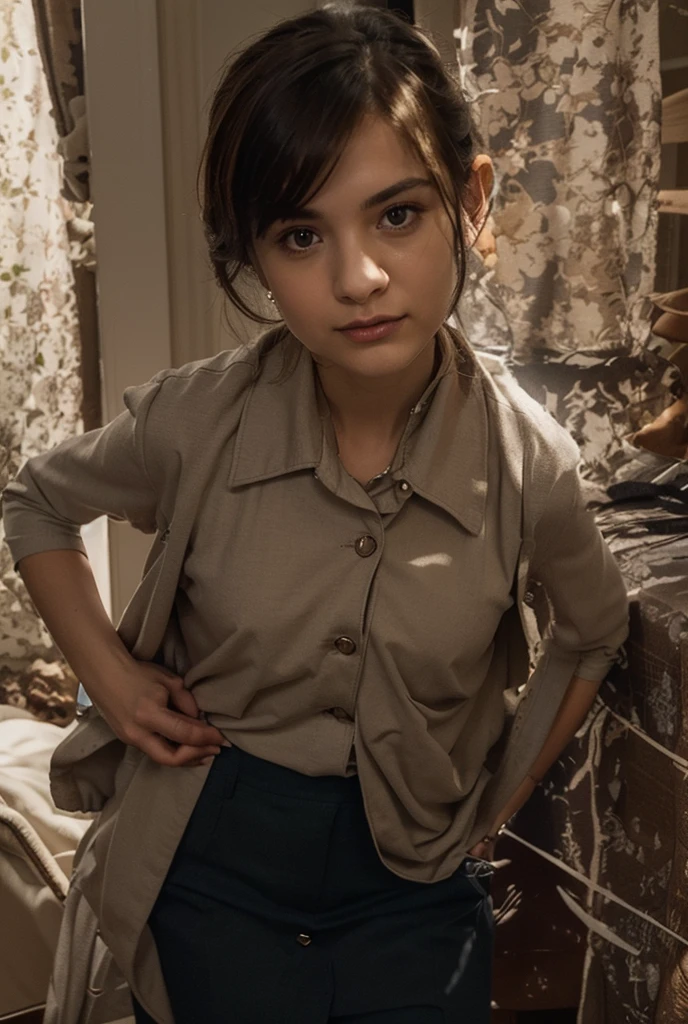 Madrid, 1923. A young ((((12-year-old)) Sira Quiroga)), folding laundry, ((((clothings from the 1920s)))), ((hairstyle of the 1920s)), ((((colorful))))