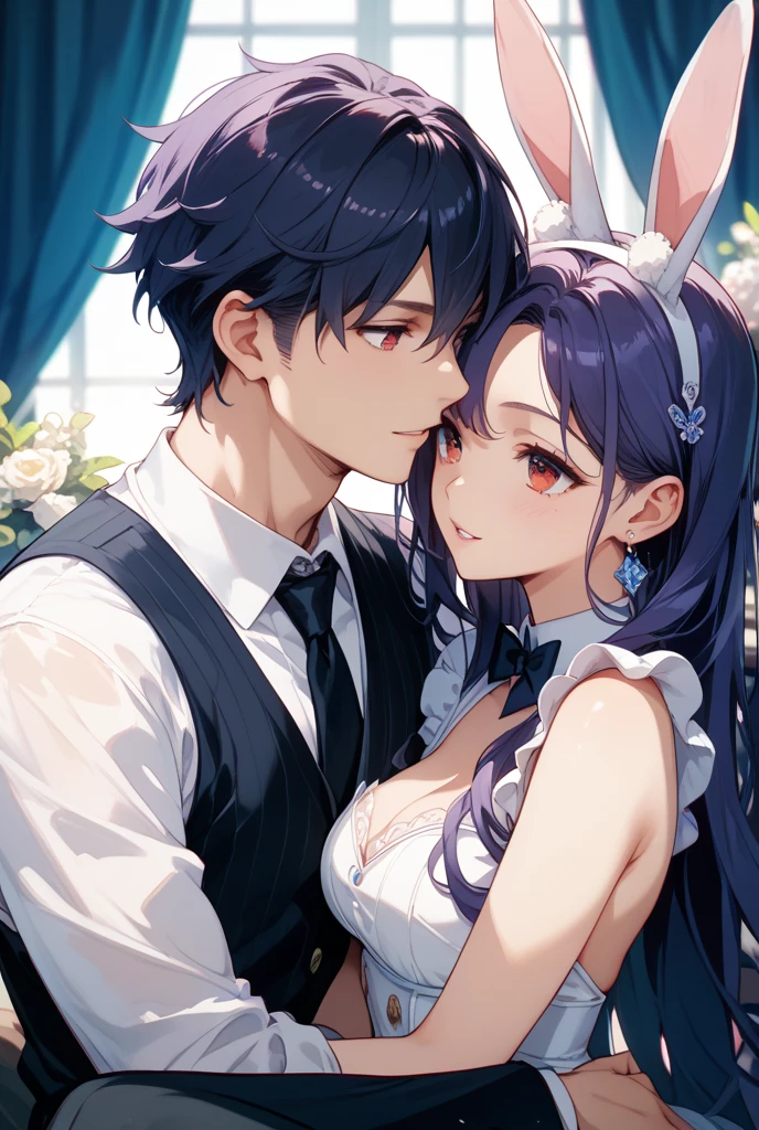 1boy, 1girl, shota, kissing cheek, playboy bunny, puckered lips, lips, closed mouth, closed eyes, masterpiece, best quality, absurdres, girl kissing boy on cheek, dynamic lighting, lighting effect