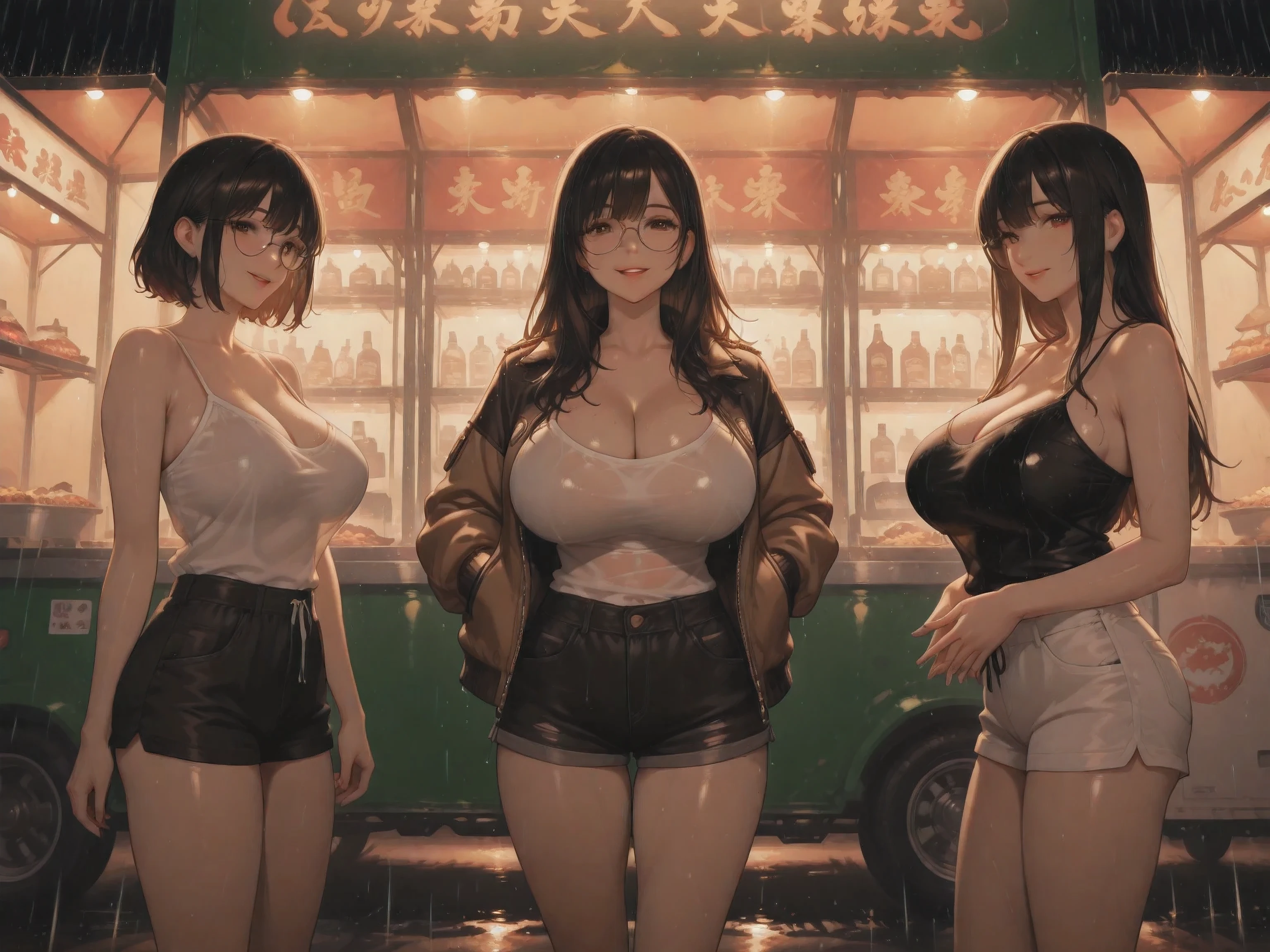 (NSFW:1.1), A Realistic image, extremely sharp focus, crisp details, high resolution, low light, cinematic lighting, fashion photography, 4K, 8K. (correct anatomy and detailed hand). A wide angle shot, side view, 3 girls, multiple, a detailed, high quality rendering of 3 girls. beautiful, detailed round eyeglasses, string camisole, bomber jacket and shorts. beautiful huge breasts. beautiful face details, a beautiful detailed eyes, detailed hands, five fingers and a real human skin texture, expression is happy and looks at the viewer. Food truck. Rain. The background has highest detail, detailed background and depth of field.