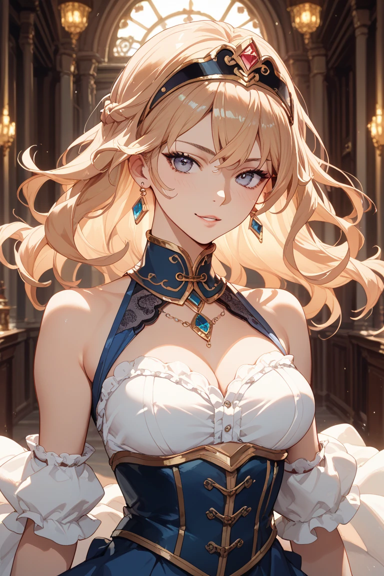 Pale beautiful young woman、Amused beautiful、slim and angular face、pointed chin、Feminine and big eyes、realisitic、highly detaile、Large accentuated chest、Contrasty、Textured skin、 cold skin pores、s the perfect face、red blush、High small nose、Tear mole、blanche, Golden and ruffled dresses、Oblique 45 degrees、length hair、Light brown eyes、Sweet smell、Light shining、dynamism、Beautiful Royal Palace、Thrilling、Full body painting、Blue glowing pendant、Fluffy breasts、Wearing white gloves、Touching your own panties