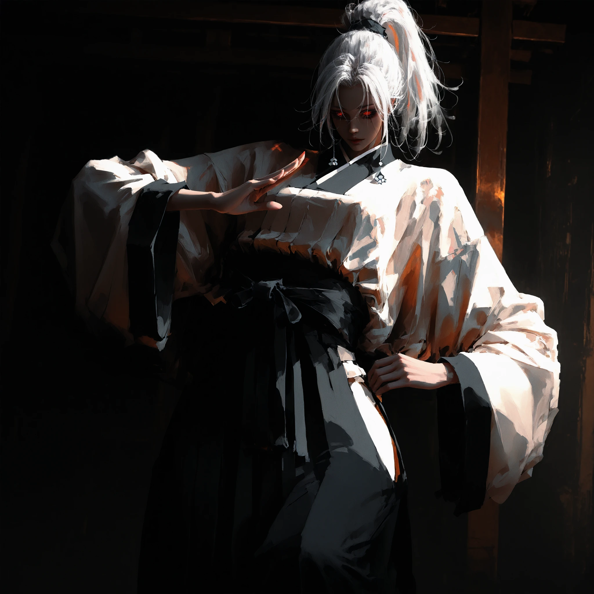 artist: wlop, masterpiece, best quality, illustration, a beautiful woman, white hair, ponytail, red irises with white engravings, detailed face, japanese clothes, female wearing japanese dojo style clothes with high waist bottoms, tall-looking, fantasy, perfect anatomy, detailed, lighting, colorful, slim body, fit body, ideal ratio body proportions, tall, Realistic Shadows, detailed face, detailed eyes, epic, highly detailed, cool pose, illustration style background, cinematic background, cinematic lighting, detailed eyes, Official Art, face focus, high resolution, cinematic, perspective,