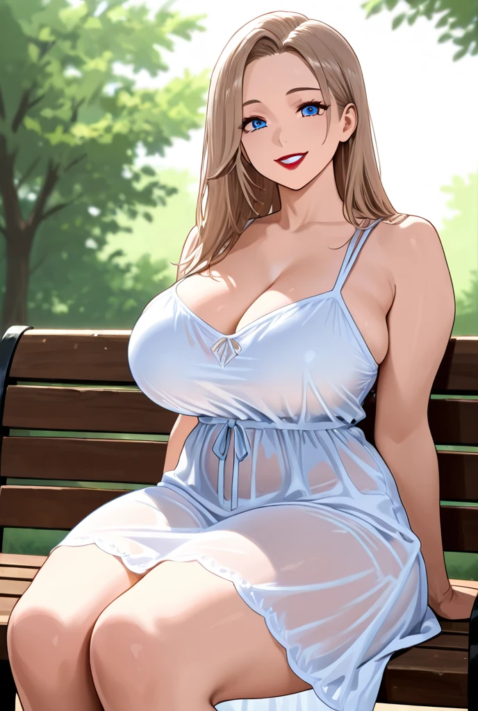 An extremely beautiful stunning voluptuous woman, with gold blonde long silky hair, big blue oceanic eyes, extremely super bright snow white fair stunning flawless glowing lush shiny white complexion and flawless skin, a perfect tight hourglass figure, and skinny waist, sexy thick smooth luscious legs and thighs, wearing a short sexy tight revealing white floral full-sleeve dress along with a blue sash on the waist, a brown off-shoulder sweater, yellow heels, gold necklace on the neck, gold anklets on feet, gold chain on the waist, sitting legs crossed on a park bench, extremely cute smile on the face, bright pink blushes on cheeks, kids park in background, show full body from head to feet.