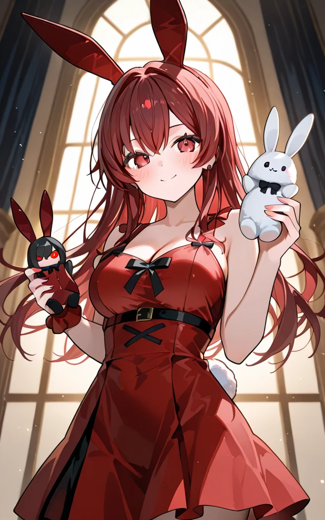 (rabbit tail:1.1), 1 rabbit girl, (ruby eye:1.1), (rabbit fluffy ears:1.1), smile, (one eye closed:0.8), parted lips, side ponytail, red playboy bunny, red elbow gloves, (red stockings:0.8), (head tilt:1.1), arms behind back, bent over, between legs, (casino:0.9), sharp focus, looking at viewer, cowboy shot, (intricate:1.1), (light red theme:1.2), (light red tone:1.2), (gold tone:1.1), illustration,