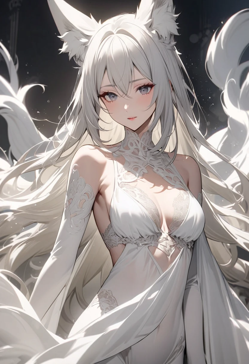 Character design, female, long white hair, wearing a short white lace dress with spaghetti straps, red eyes, small frame, very skinny, detailed, best quality, no accesoires around the neck, prominent collarbones, skinny arms, flat stomach, full body, visible hip bones