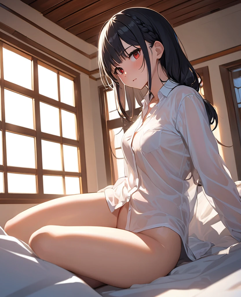 1 girl, 18 years old, long hair, black hair, straight hair, short bangs above brows, embarrassed, steam
BREAK (masterpiece), (high resolution 8K), cinematic lighting, professional lighting, detailed eyes and face, detailed body,
BREAK camisole, vaginal sex, back, 1 boy, penis, nsfw,
BREAK bedroom, on the bed,