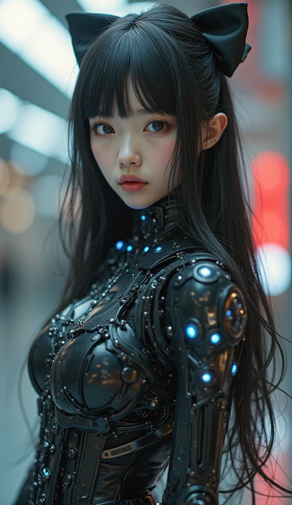 Top Quality, Masterpiece, Ultra High Resolution, (Photorealistic: 1.4), Raw Photo, 1 Girl, Black Hair, Glossy Skin, 1 Mechanical Girl, (Ultra Realistic Details)), Standing in cyberpunk street, Global Illumination, Shadows, Octane Rendering, 8K, Ultra Sharp, Big, Cleavage Exposed Raw Skin, Metal, Intricate Ornament Details, Egyptian Details, Very intricate details, realistic light, CGSoation trend, purple eyes, glowing eyes, facing the camera, neon details, mechanical limbs, blood vessels connected to the tube, mechanical vertebrae attached to the back, mechanical cervical attachment to the neck, sitting, wires and cables connecting to the head, evangelion, small LED lamp.