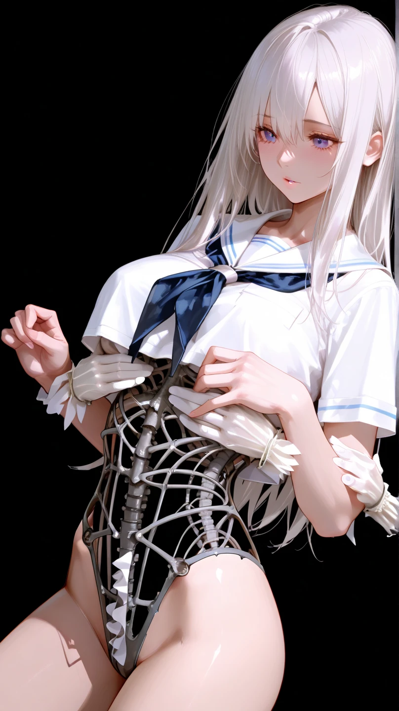 white straight hair, pretty, barefoot, blue eye, collar, white skin, wet, shy, best quality, chain, young, dirty water, jail, tied suit, leggings, dress