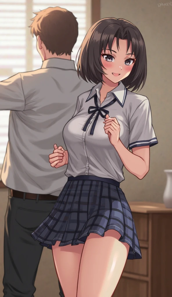 masterpiece:1.6, best quality), finely detailed beautiful eyes: 1.2), colorful, shinkai makoto, kimi no na wa., 1girl, crawl position, sex from behind, 1boy, Doggystyle, (1boy, buzzcut, muscular, brown eyes, , pants pulldown, , boy touching girl chest,chestgrope from behind, boy caressing girl's body, breast groping, breast grope, hold breast,) (1girl, bangs, black hair, small ponytail with red ribbon, short hair, blush, brown eyes, collared shirt, long sleeve white shirt buttons, unbuttoned shirt, open shirt, medium breast, , pink , short skirt, skirt pulled down, , cum inside , creampie, insert by ) indoors, bed,bedroom, lamp, cowboy shot, ,sex from behind, thrusting,