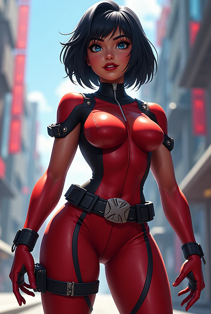 Cardinal, a gorgeous woman with (dark skin) wearing a modest black and red bodysuit, long sleeves, leggings. Athletic, huge breasts, wide hips. Short curly black hair, batons. bracers, shin guards, utility belt. Confident. City skyline, rooftops.