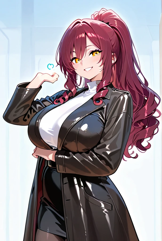 Adult woman, Long red hair, Brown eyes, eyeglasses, red lipstick, large breasts, Black Dense Overall Shape, evil, smirk, fetters, open breasts, Masterpiece, hiquality, 4k, HD, Good detail