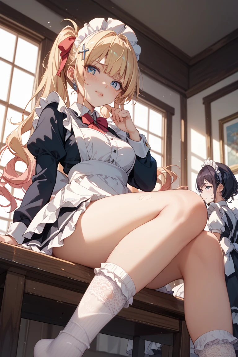 (footjob), Masterpiece、Highest quality、Highest quality, (long and thin legs, shoes:1.2), Arm behind wrist, squat、Spread your legs、1 girl, (smile、Open your mouth大笑い:1.2), Cute eyes, (Detailed face:1.3)、Open your mouth, The whole face turns red, alone, Oversized breasts, Big and ample breasts, (Straight bangs, Twin tails), White maid outfit、Side bust、Underbust、belly button、Walking through the mansion&#39;corridor、nsfw、shoes下