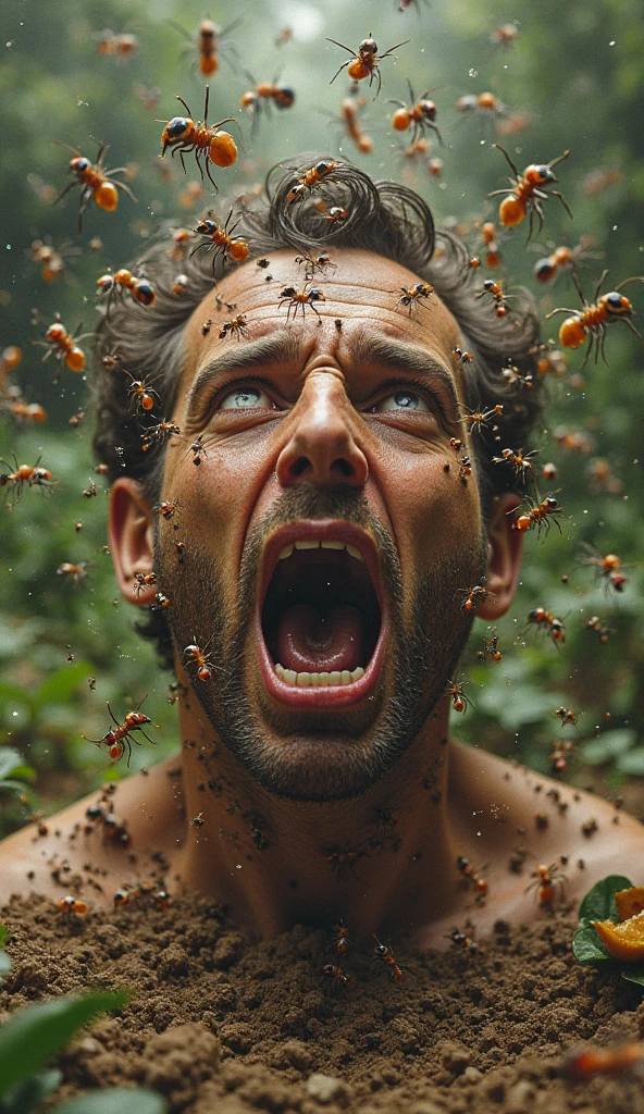 image, 8k, Realistic, photograph,"Giant ants cover the whole body, Nearby, Passing by Joao do Barro, Open your beak.