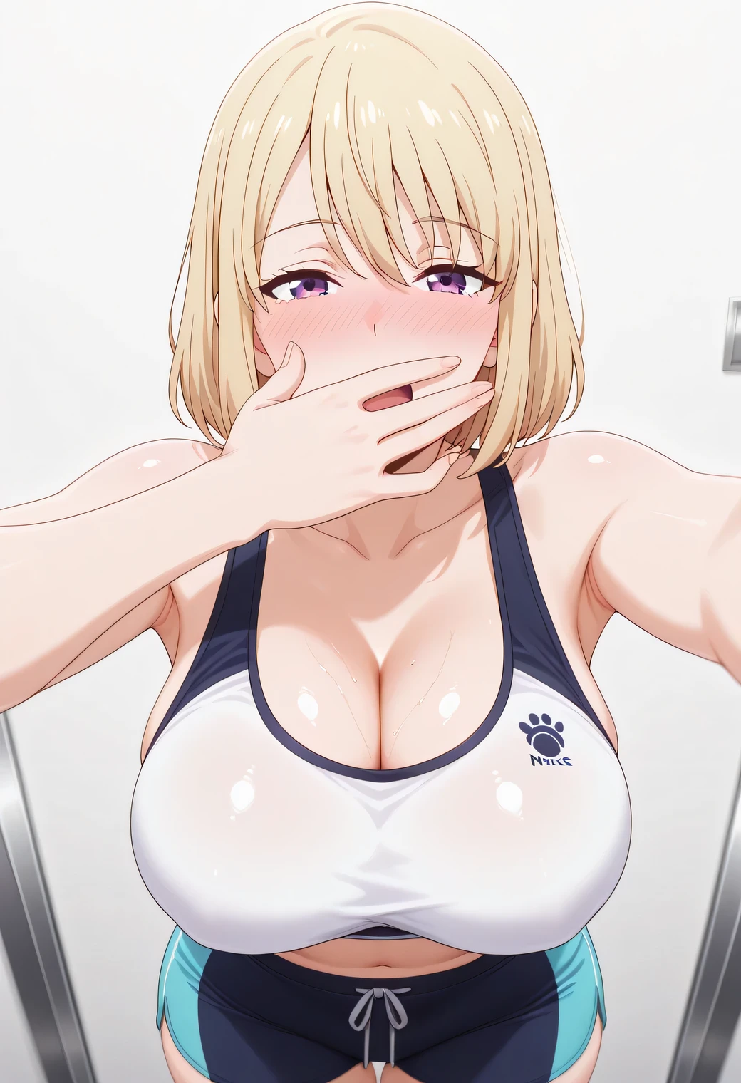 masterpiece, best quality, amazing quality, 1girl, solo, looking at viewer, blushing, white background, mature girl,side view, light smile, seductive, short hair, blonde hair, purple eyes, sh1ny, ,bubble breasts, seductive twist,, shizuku kousaka (na honjaman level up), Anime screencap,solo focus, looking at viewer, shiny skin, shiny hair, shiny body, clear body, nose blush, BREAST FOCUS, POSING, CLEAVAGE, DYNAMIC POSE, NICE LEGS, COWBOY SHOT, cowboy shot, NOSE BLUSH,. , white background, dynamic pose,, opaque clothes, ,,, white background, dynamic pose, SOLO, wearing a tight white crop top with a small blue mascot design on the chest, paired with teal athletic shorts with white trim and a drawstring. The character has a curvy, voluptuous body with a shiny appearance on the skin. They are standing with one hand covering their mouth in a yawning gesture and the other arm stretched upward, with a tired expression. The background is a plain wall with a soft shadow, COWBOY SHOT, nice legs, POSING, STANDING UPRIGHT