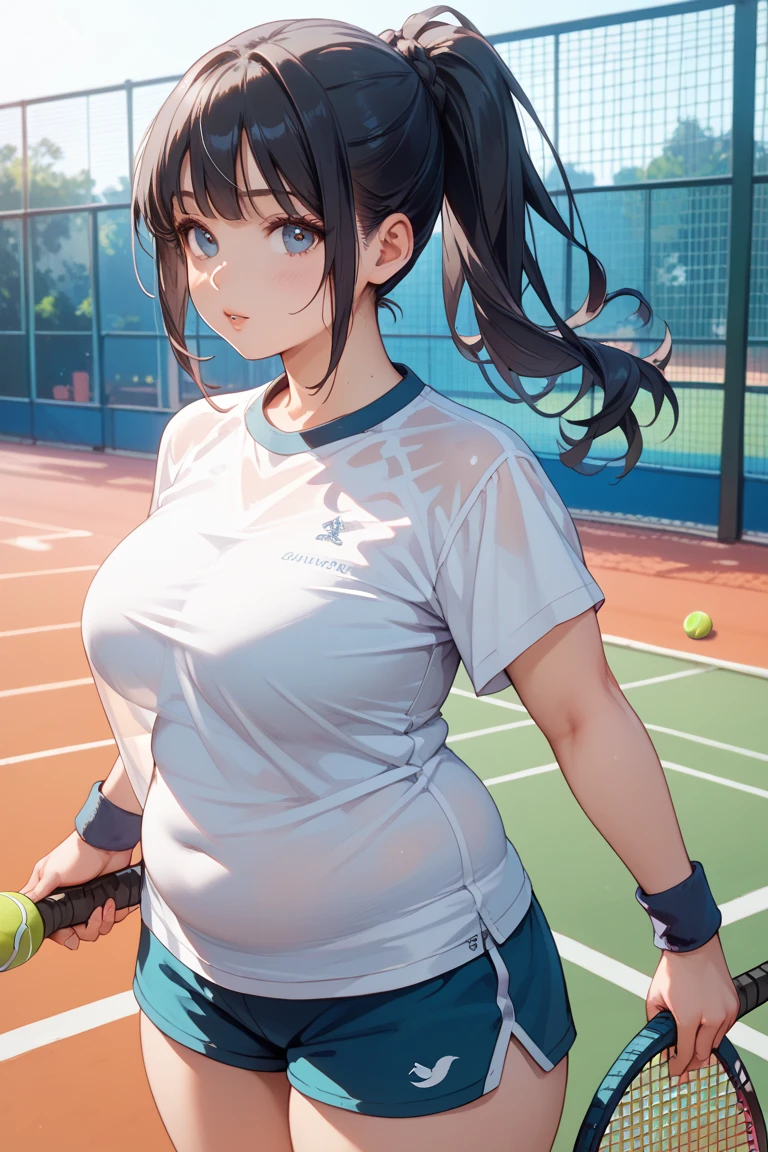 masterpiece, best quality, extremely detailed, Japanese android girl,Plump ,control panels,robot arms,robot,android,cyborg,white robot body,ceramic body,perfect robotgirl,blunt bangs,tennis player,tennis wear,skirt,blue eyes