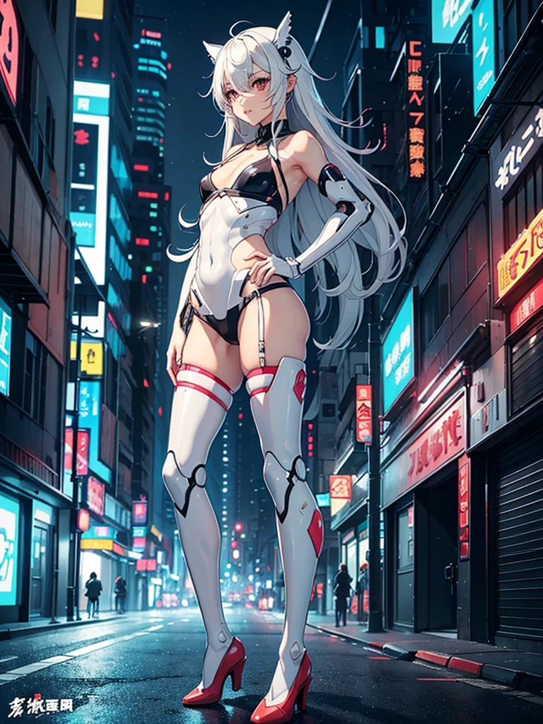 Best Quality, High Resolution, 1 Cyberpunk White-Haired Girl, Beautiful Face, Physics, In Top and Panties, Big Asto, Rear View, Realistic, Sitting on Lawn, Riverside