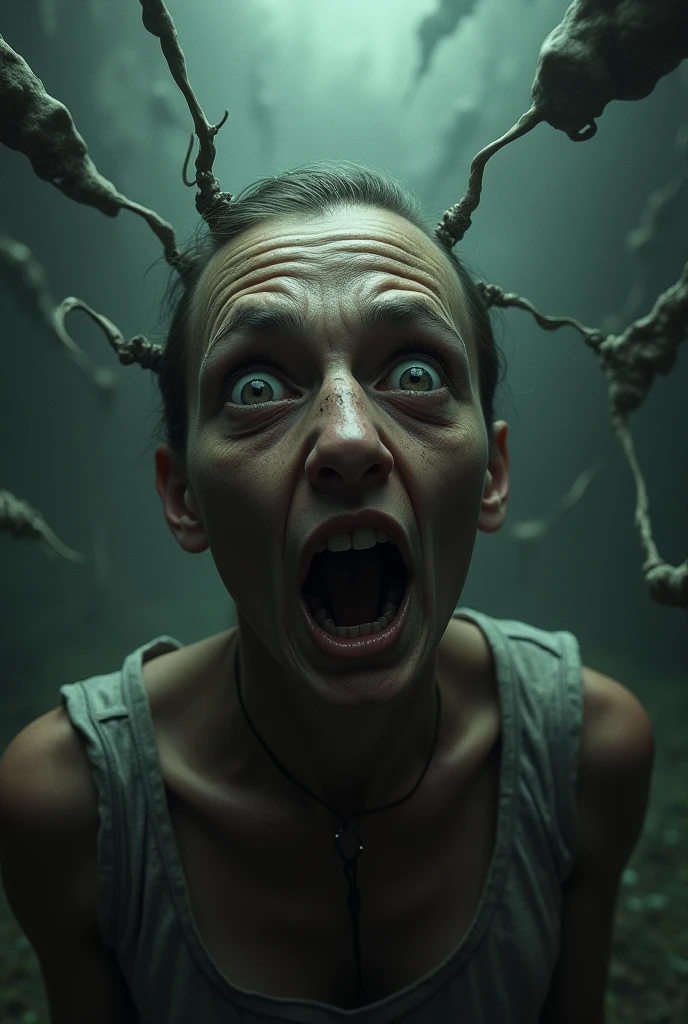 Horror-themed,  From below, In a Fantasy Middle-earth world in the dark ages Gollum Smeagol Andy Serkis a close up of a person with a weird face surprise look,1girl,solo,looking at viewer,open mouth,teeth,portrait,realistic,old,horror (theme),old woman , dramatic light, dramatic shadow light, film contrast, cinematic film color, cinematic film look, filmic, realistic, realism, perfection, perfect, movie still, fantasy drama, epic drama, fictional, Age of Wonders, Age of Empires, warriors,  Medieval style, middle ages, dungeons and dragons style, different people, different, unique, kingdoms and castles, violent, aggressive, detailed, perfection, detailed face, detailed body, detailed hands, detailed eyes, sharp, horror themed, dark themed, epic fantasy adventure film style, Legendary, mythical, The Lord of the Rings style, Eerie, unsettling, dark, spooky, suspenseful, grim, highly detailed