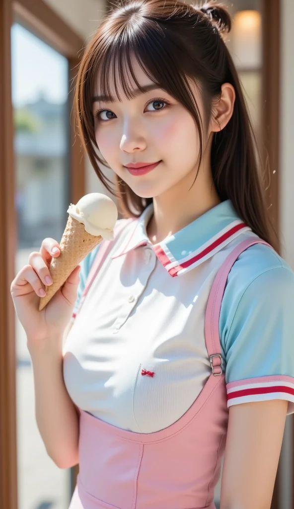 Pubic hair grows、Smile full of happiness、((Looks happy:1.3))、Pink Panties、、Panting face、Lacking、school girl outfit(Plaid miniskirt)、a sailor suit、Sweating、Expression in a state of excitement、short-hair、eye glass、((Licking soft-serve ice cream:1.3))、((pulling panties down:1.3))