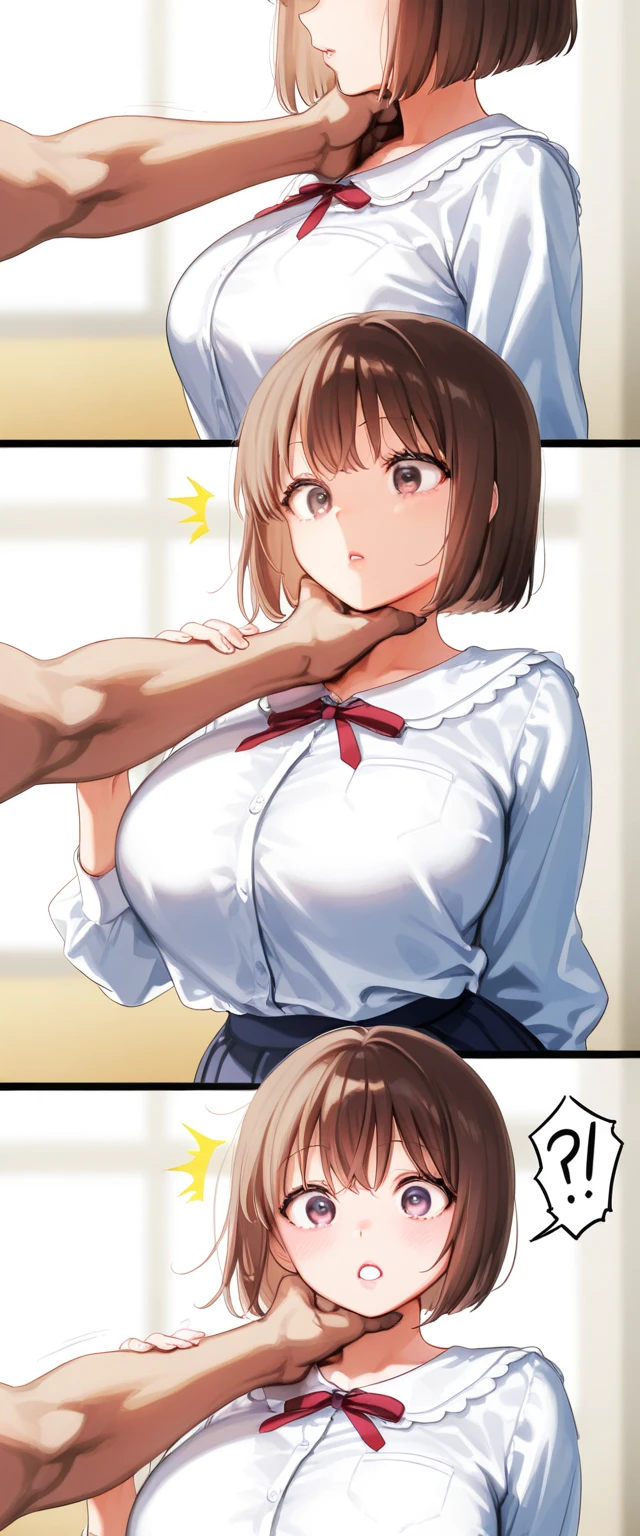 masterpiece, best quality, high resolution, ultra detailed, perfect anatomy, detailed face, detailed eyes, duo, ((1 girl and 1 boy)), couple, ((copper medium bob hair girl)), black hair boy, blue eyes, nsfw, blue school uniform, hetero, (a boy,grabbing from behind:1.5), bare breast, nipple peek, gigantic breasts 