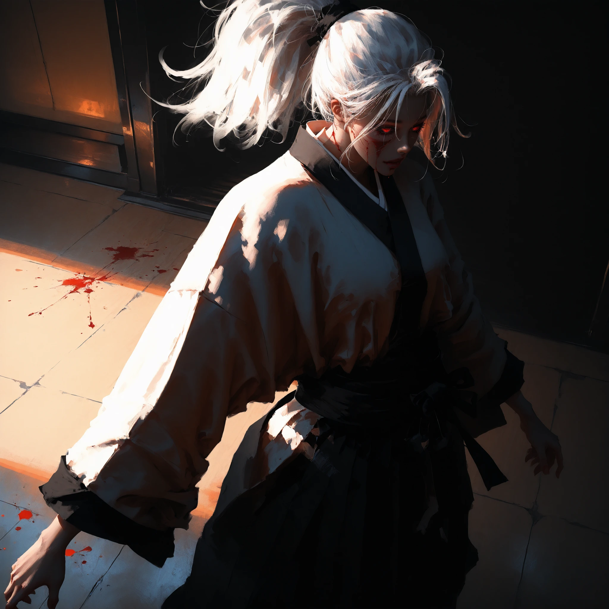 artist: wlop, masterpiece, best quality, illustration, a beautiful woman, white hair, ponytail, red irises with white engravings, detailed face, japanese clothes, female wearing japanese dojo style clothes with high waist bottoms, tall-looking, fantasy, perfect anatomy, detailed, lighting, colorful, slim body, fit body, ideal ratio body proportions, tall, Realistic Shadows, detailed face, detailed eyes, epic, highly detailed, epic pose, illustration style background, cinematic background, cinematic lighting, detailed eyes, Official Art, face focus, high resolution, cinematic, perspective, manic facial expression, blood theme,