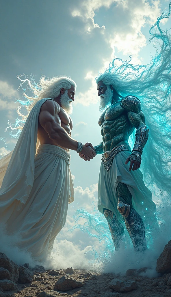 "Show Zeus, Hades, and Poseidon forging their alliance on the mystical island of Creta."