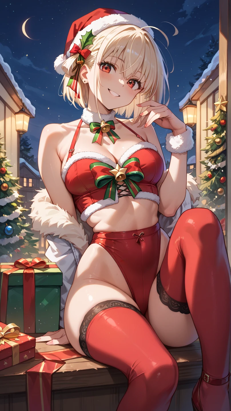 mujer rubia , pelo largo rubio , rubia , cuerpo completo , grandes tetas, gran trasero, voluptuoso, piernas abiertas , pose sexy , escote , Christmas hat , Christmas Clothes, nieve , christmas red lingerie