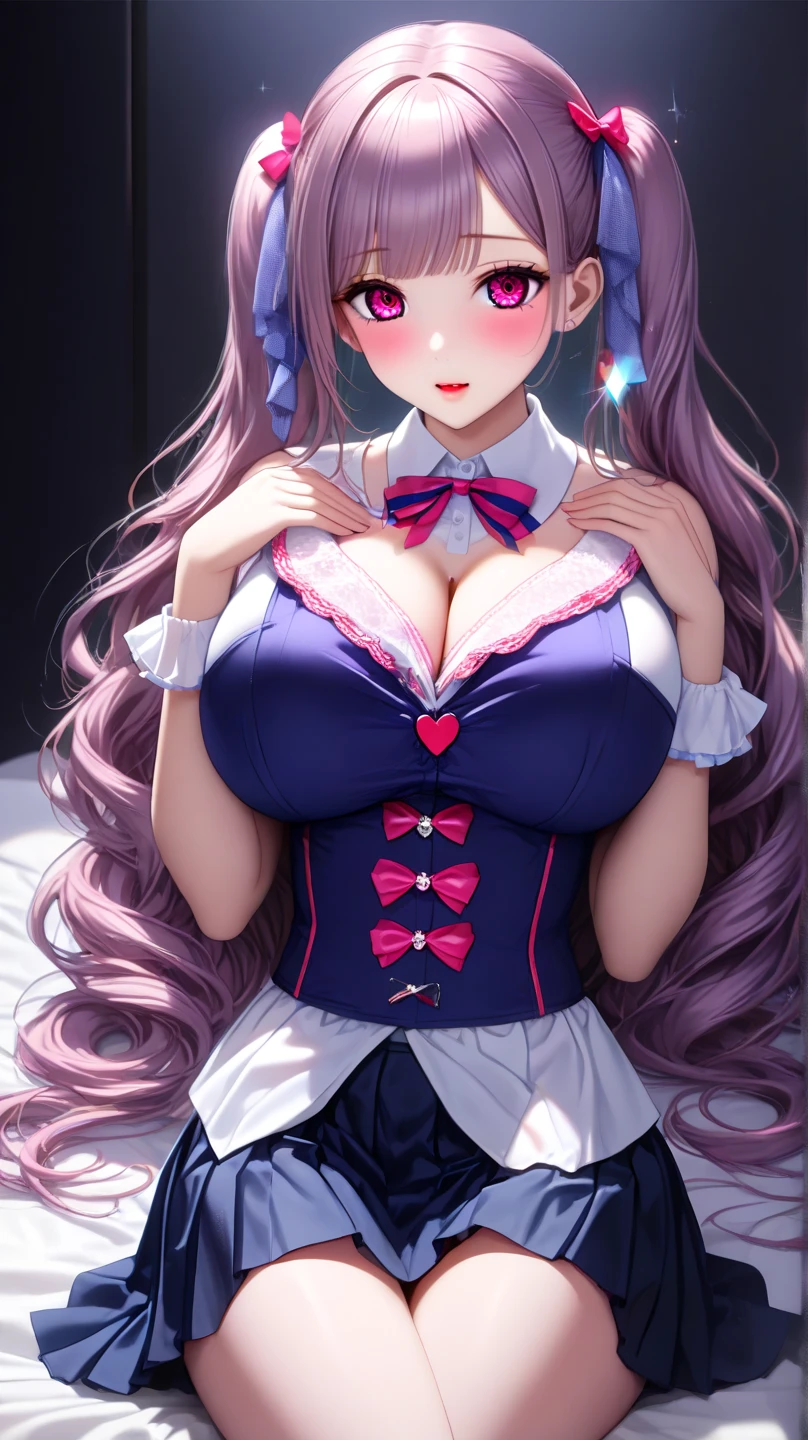 nsfw, (saliva:1.3), (orgasm face1.3),(smile),(open vagina, vivid pussy, high quality vagina:1.3),(Rococo architecture:1.2),(Castle Bed:1.5), Dynamic angle,((1girl, Purple sheer pleated mini dress , highest resolution)), (beautiful illustration),(semi long beautiful hair),(looking at the viewer),innocent smile,cinematic lighting,white over-kneehighs,Lace chalker, Wristband,Wristband, white fingerless gloves, earrings,day,blue sky,Big Breasts,Red lipstick,