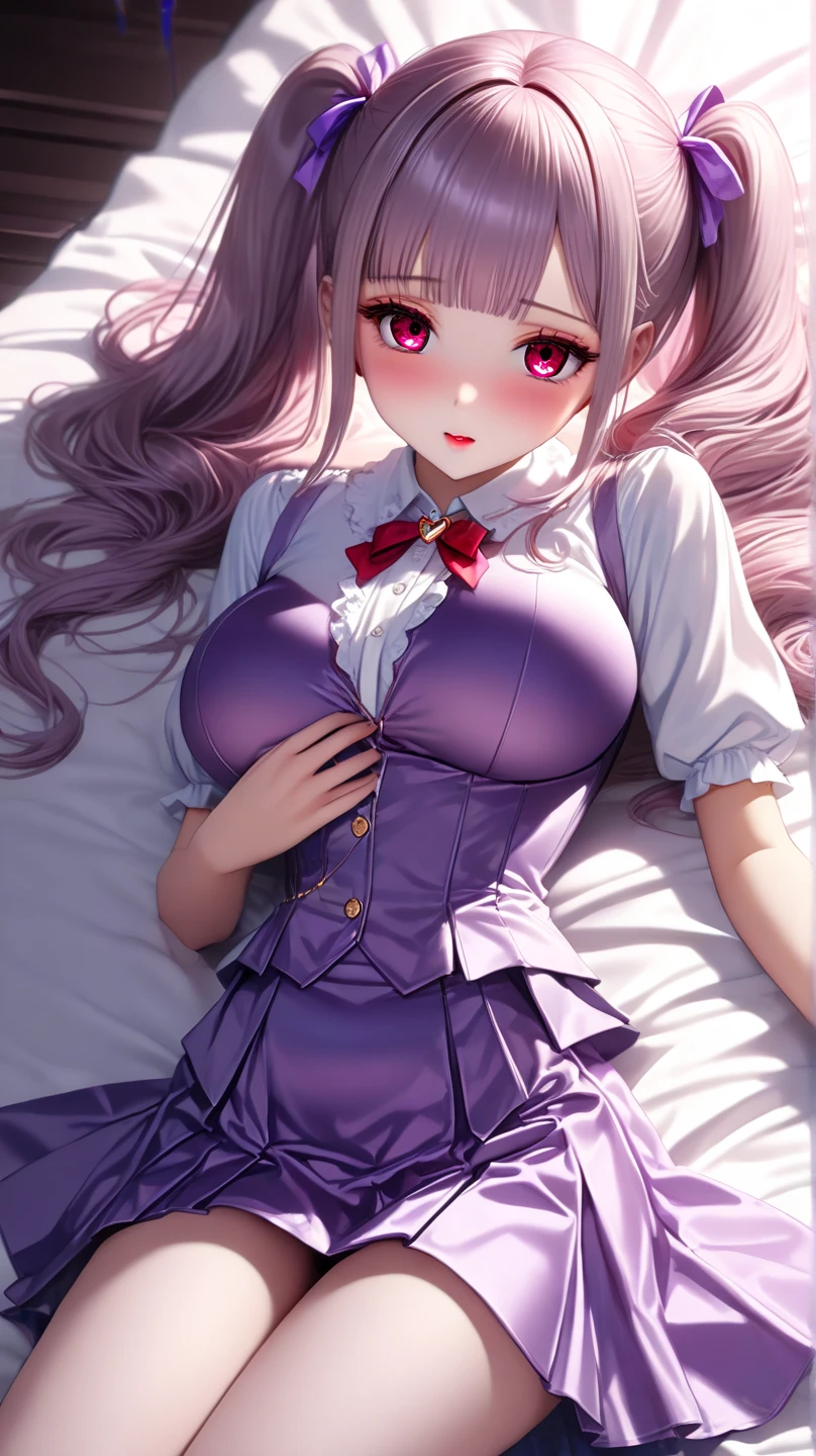 a woman((There is a six-pointed star in the eye.))a woman with long purple hair,big chest(((blush)))JK ,Short skirt,down on my knees,Beds,white socks, thick legs, thick thigh, standing, bottom, inside